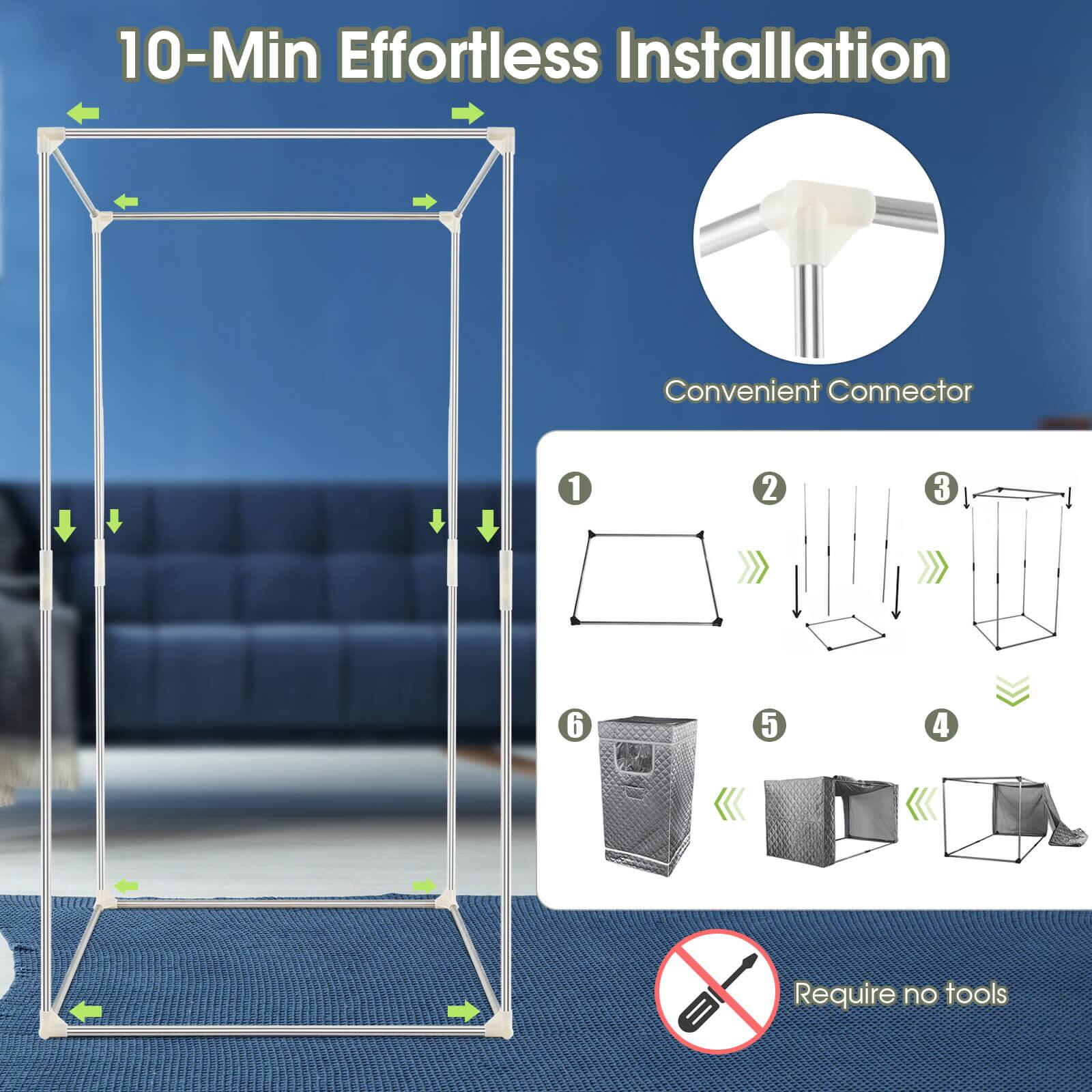 The text on the image reads: "10-Min Effortless Installation Convenient Connector 1 2 3 6 5 4 Require no tools."