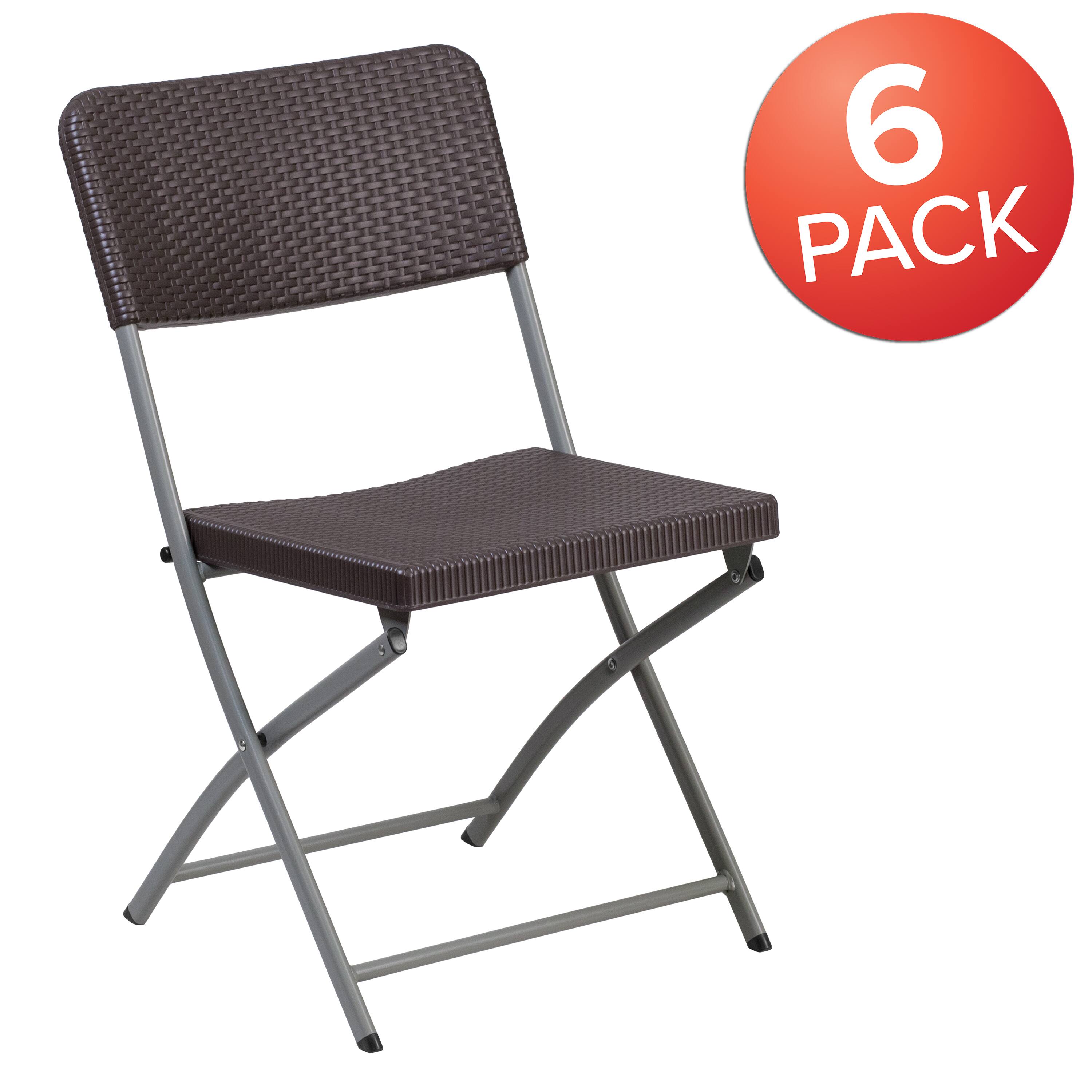 Alt View 1. Emma + Oliver - 6 Pack Rattan Plastic Folding Chair with Gray Frame - Brown.
