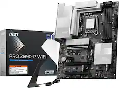 The image features a computer motherboard and a box of a Pro 2890-P WIFI Intel Motherboard. The motherboard is placed next to the box, and the box is open, revealing the motherboard inside. The motherboard is a part of the Pro Series A, and it is designed for Intel Core processors. The box also contains a warning label, advising users to seek immediate medical attention in case of ingestion or contact with the chemicals inside the box.