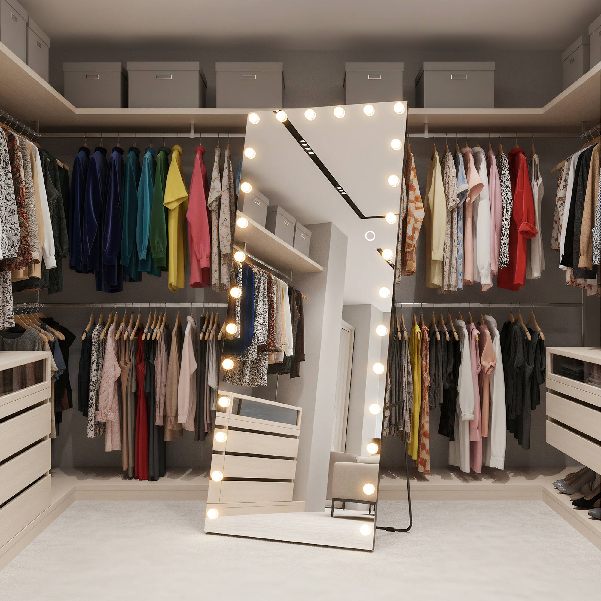 Left. Spaco - Spaco 83 x 36 Rectangle LED Full-Length Tempered Mirror with 22 Dimmable Bulbs and 3 Colors Smart Touch Control - White.