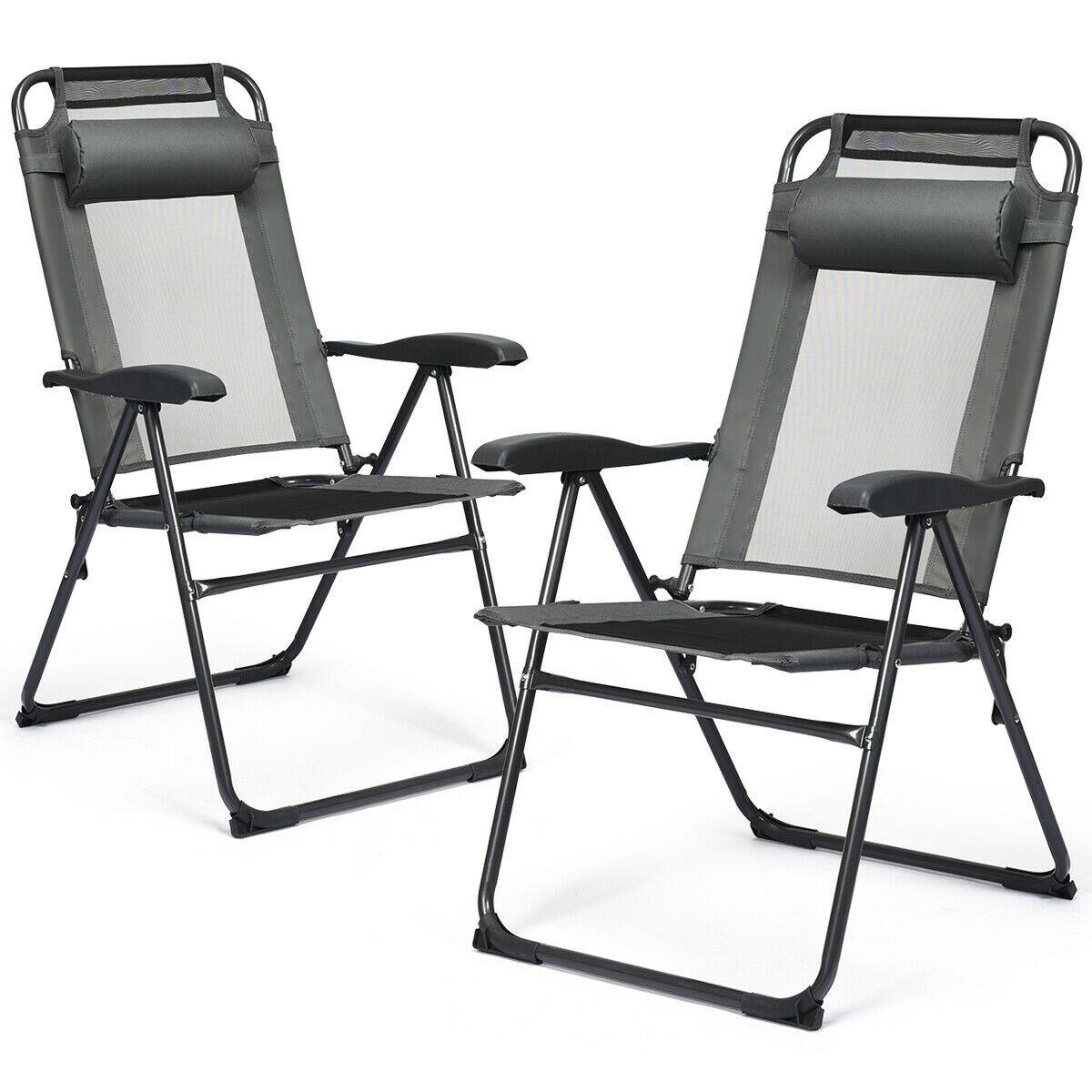 Alt View 4. Gymax - Gymax 2PC Folding Chairs Adjustable Reclining Chairs with Headrest Patio Garden Grey - Grey.