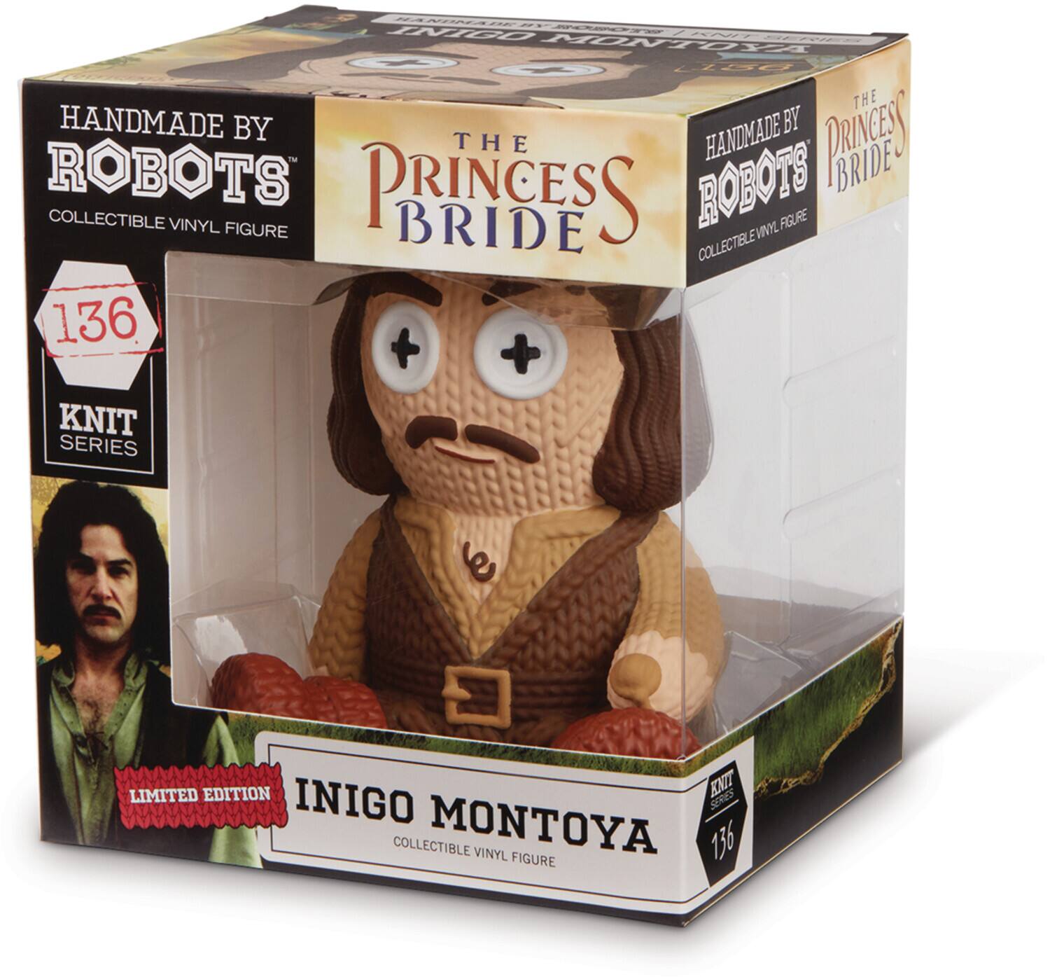 The text on the image can be grouped and corrected as follows:

- Handmade by The Robots
- Collectible Vinyl Figure
- The Princess Bride
- Inigo Montoya
- Limited Edition
- Knit Series 136

The corrected text from the provided text is:

"Handmade by The Robots, Collectible Vinyl Figure, The Princess Bride, Inigo Montoya, Limited Edition, Knit Series 136."