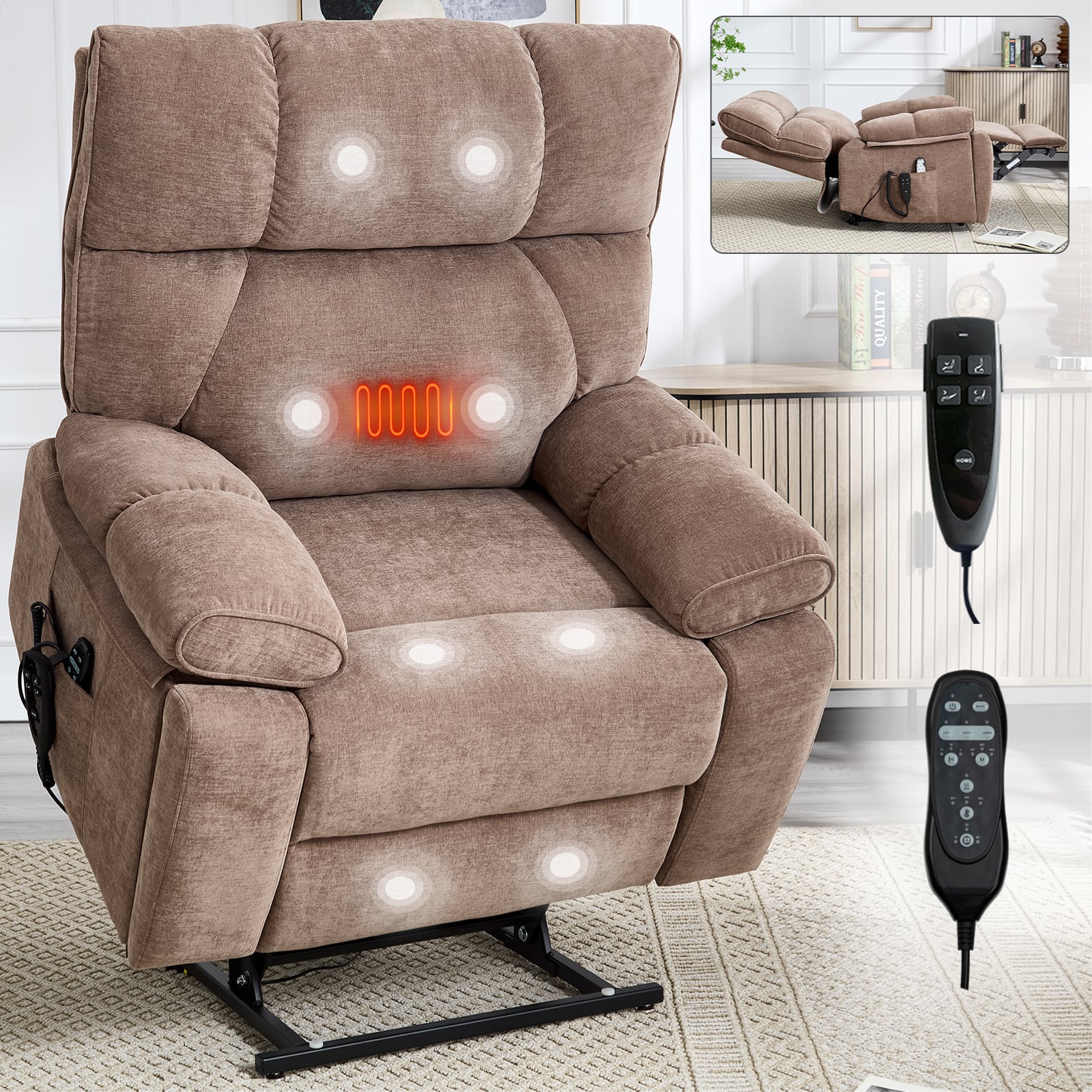Chateau Abodes - Dual Motor Power Lift Recliner with Heat & Massage, Infinite Positions, 350LB Capacity, Hidden Cup Holders - Light Brown