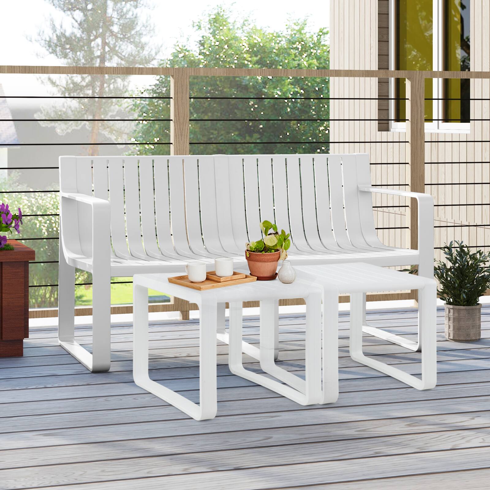Alt View 3. Gymax - Gymax Patio Loveseat 2-Person Bench w/ Curved Backrest Slatted Design for Backyard White - White.