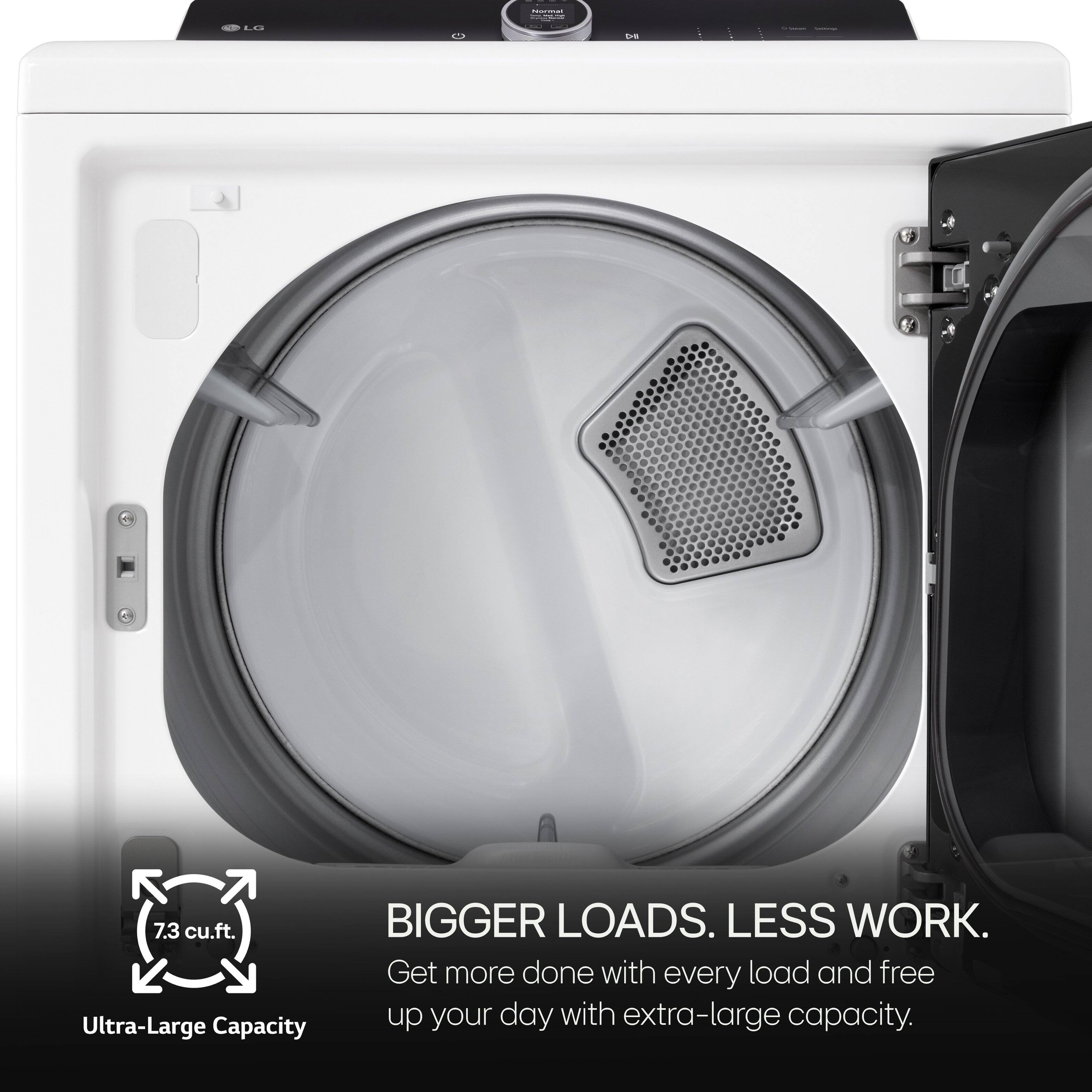 "Get more done with every load and free up your day with extra-large capacity. 7.3 cu.ft. Ultra-Large Capacity BIGGER LOADS. LESS WORK."