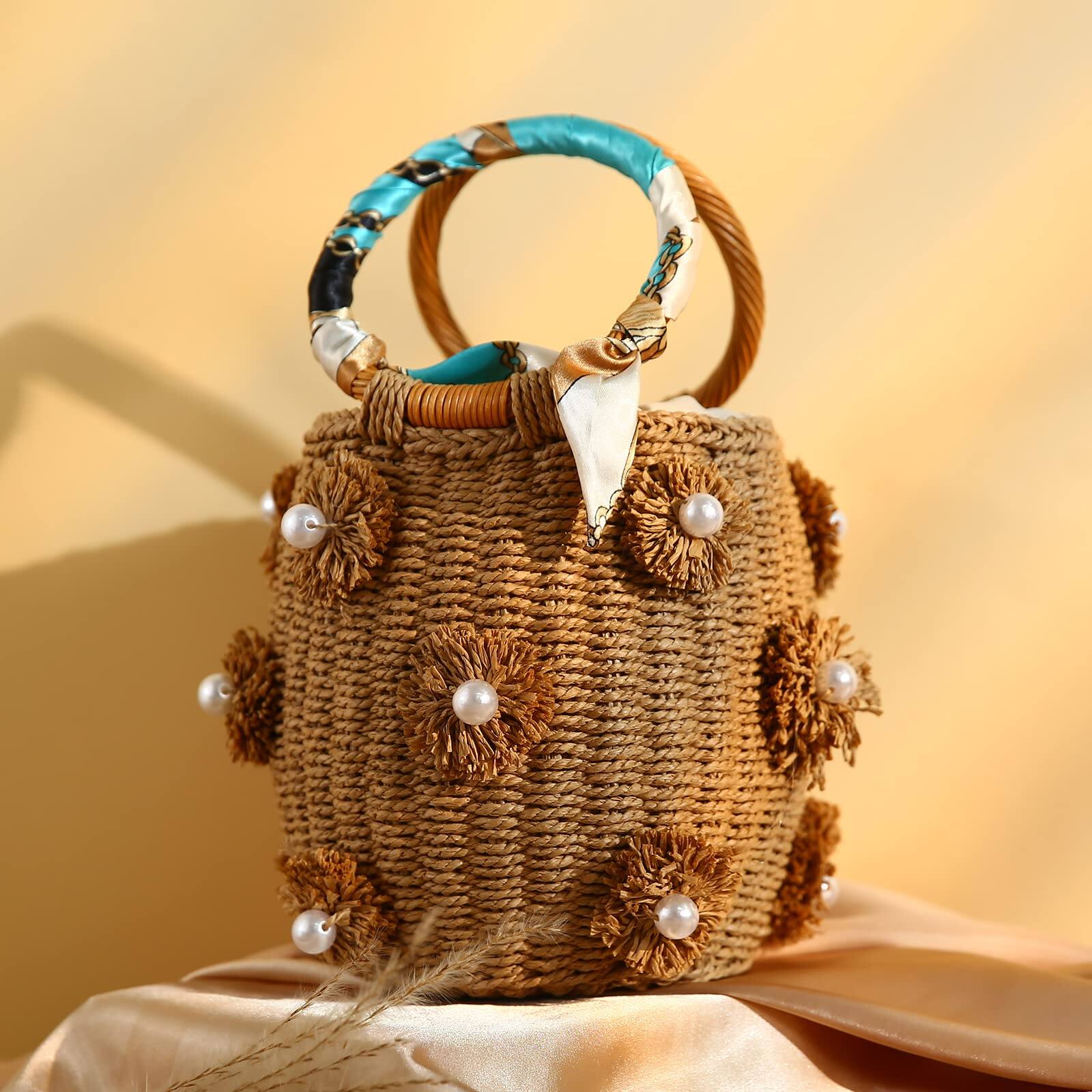 Alt View 2. Fabibe - Flower Pearls Rattan Tote Bag Summer Beach Drawstring Straw Bucket Woven Handbag - J Beige.