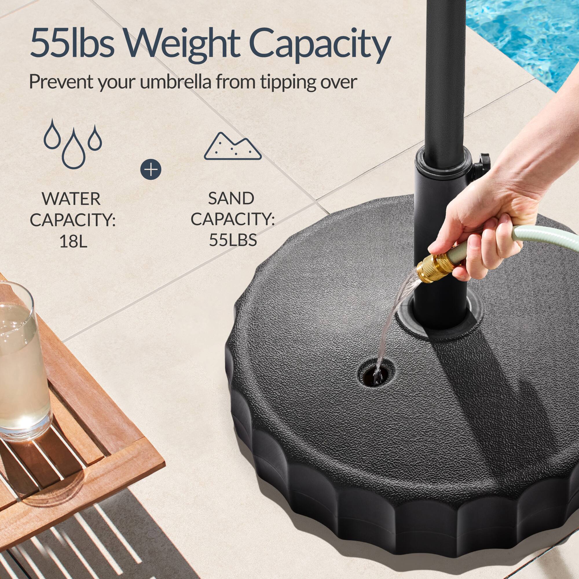 55lbs Weight Capacity  
Prevent your umbrella from tipping over  

WATER CAPACITY: 18L  
SAND CAPACITY: 55LBS