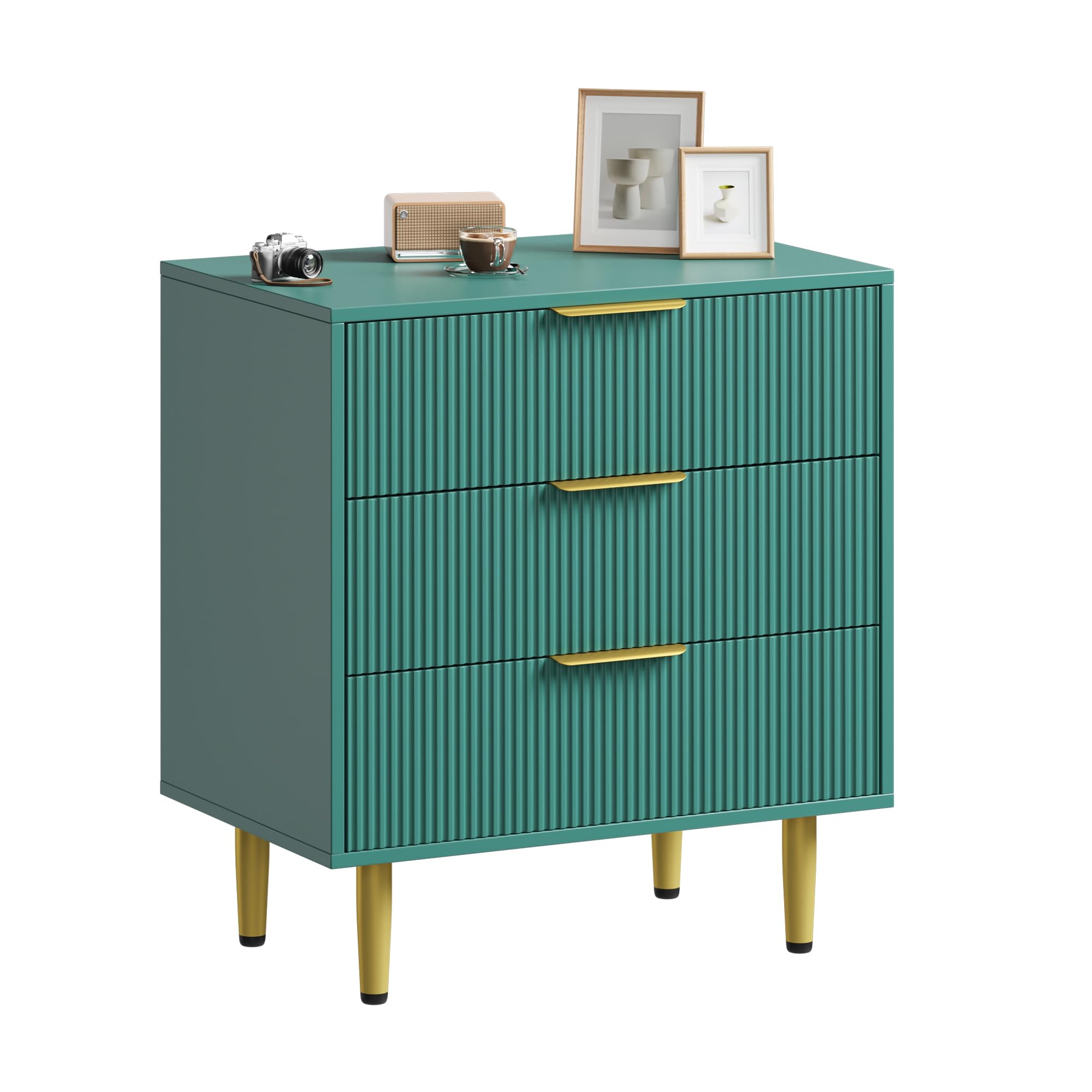 Front. Babevy - Fluted 3 Drawer Dresser for Bedroom, Wooden Chest with Metal Handles for Living Room or Hallway Storage - Green.