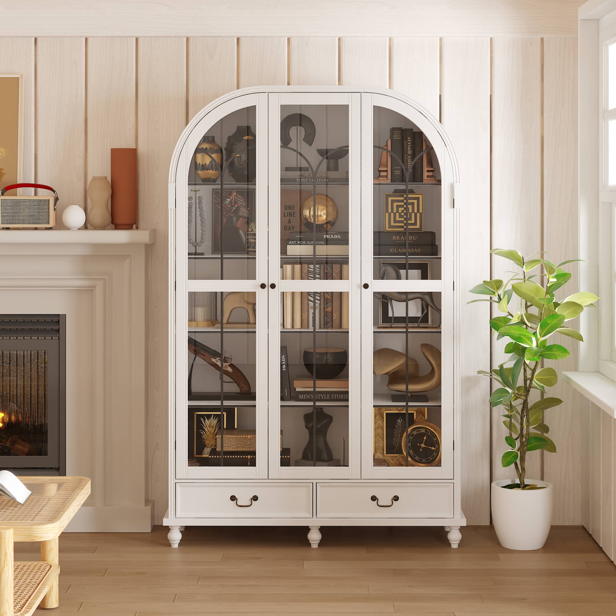 Famapy - Curved Glass Door Bookshelf with Drawers – Elegant Display & Home Storage Organizer - White