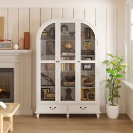 Famapy - Curved Glass Door Bookshelf with Drawers – Elegant Display & Home Storage Organizer - White