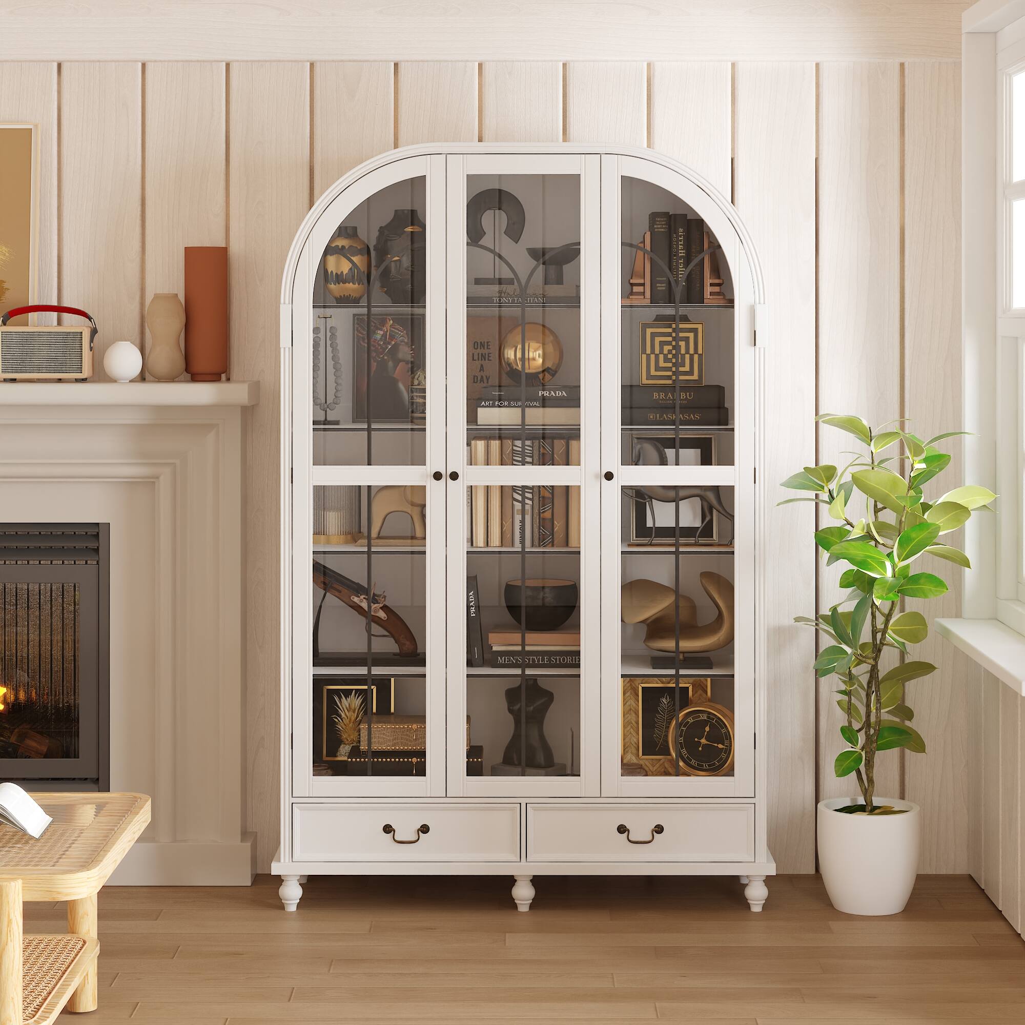 Famapy - Curved Glass Door Bookshelf with Drawers – Elegant Display & Home Storage Organizer - White