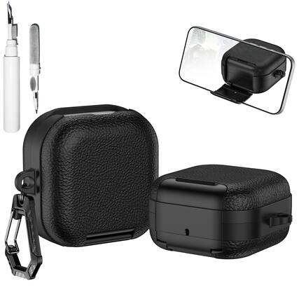 Front. Dteck - Case for Samsung Galaxy Buds 4 / Buds 4 Pro with Phone Holder & Keychain,Leather Texture Earbuds Cover for Man Women - Black.