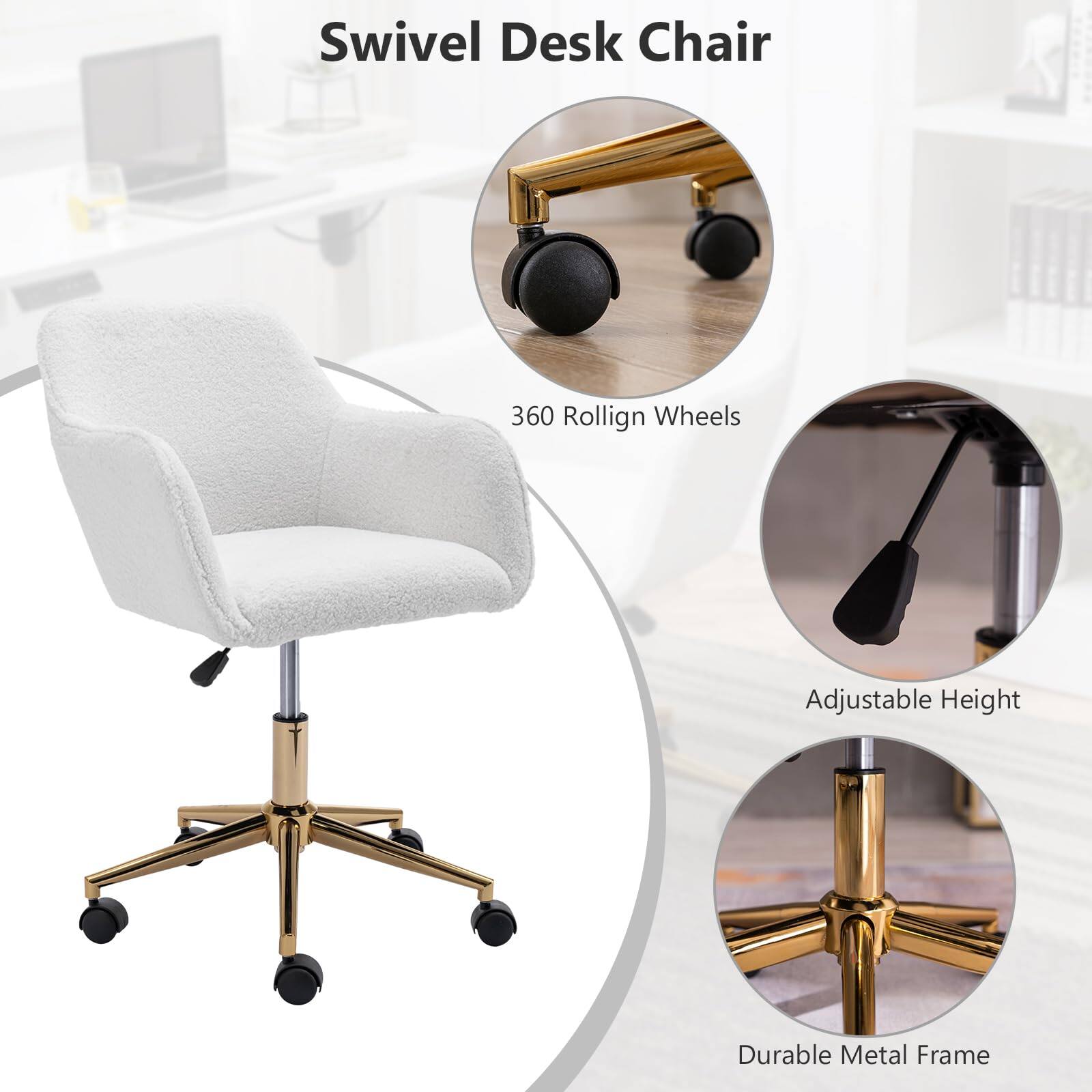Swivel Desk Chair

- 360 Rollign Wheels
- Adjustable Height
- Durable Metal Frame