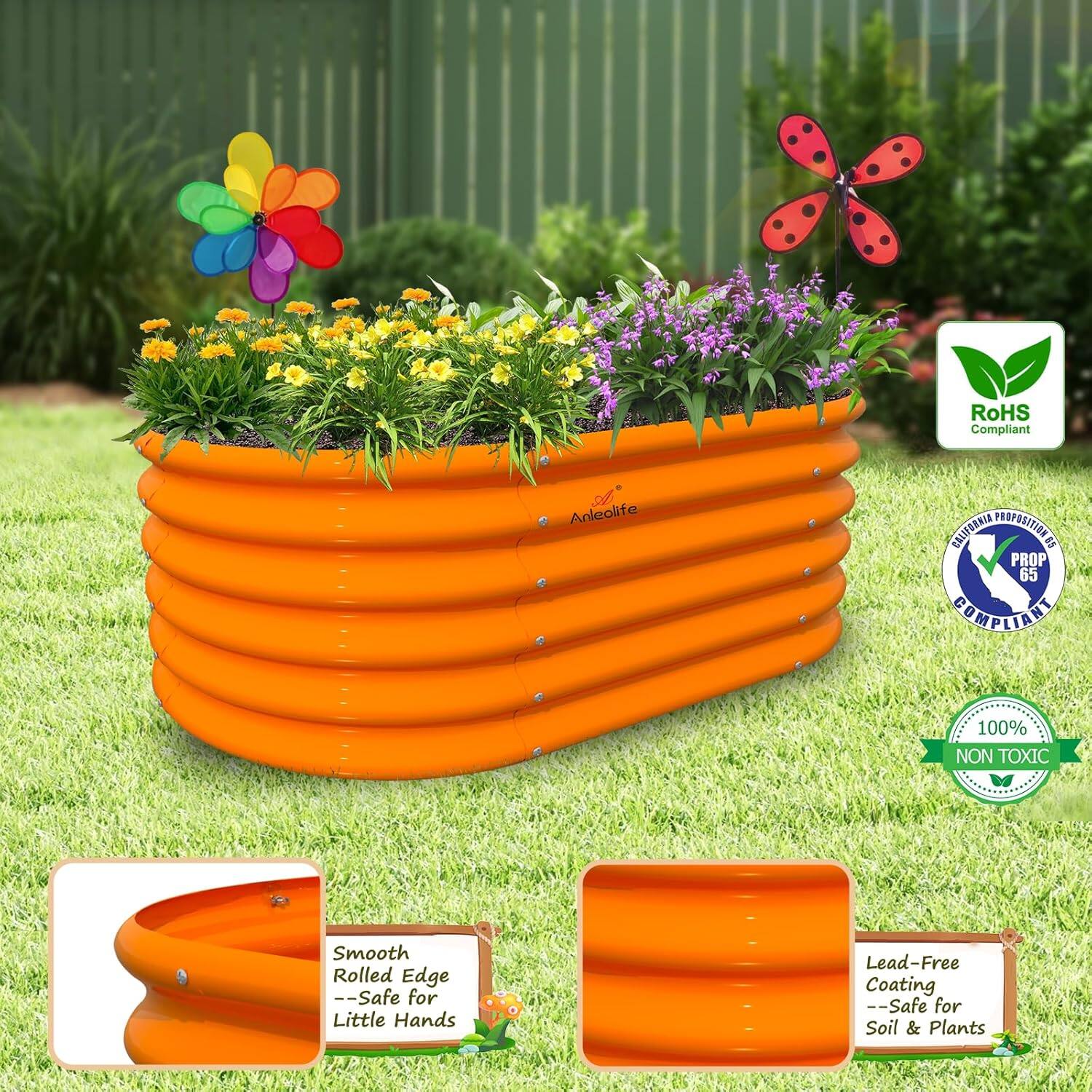 - RoHS Compliant
- California Proposition 65 Compliant
- 100% Non-Toxic
- Smooth Rolled Edge -- Safe for Little Hands
- Lead-Free Coating -- Safe for Soil & Plants