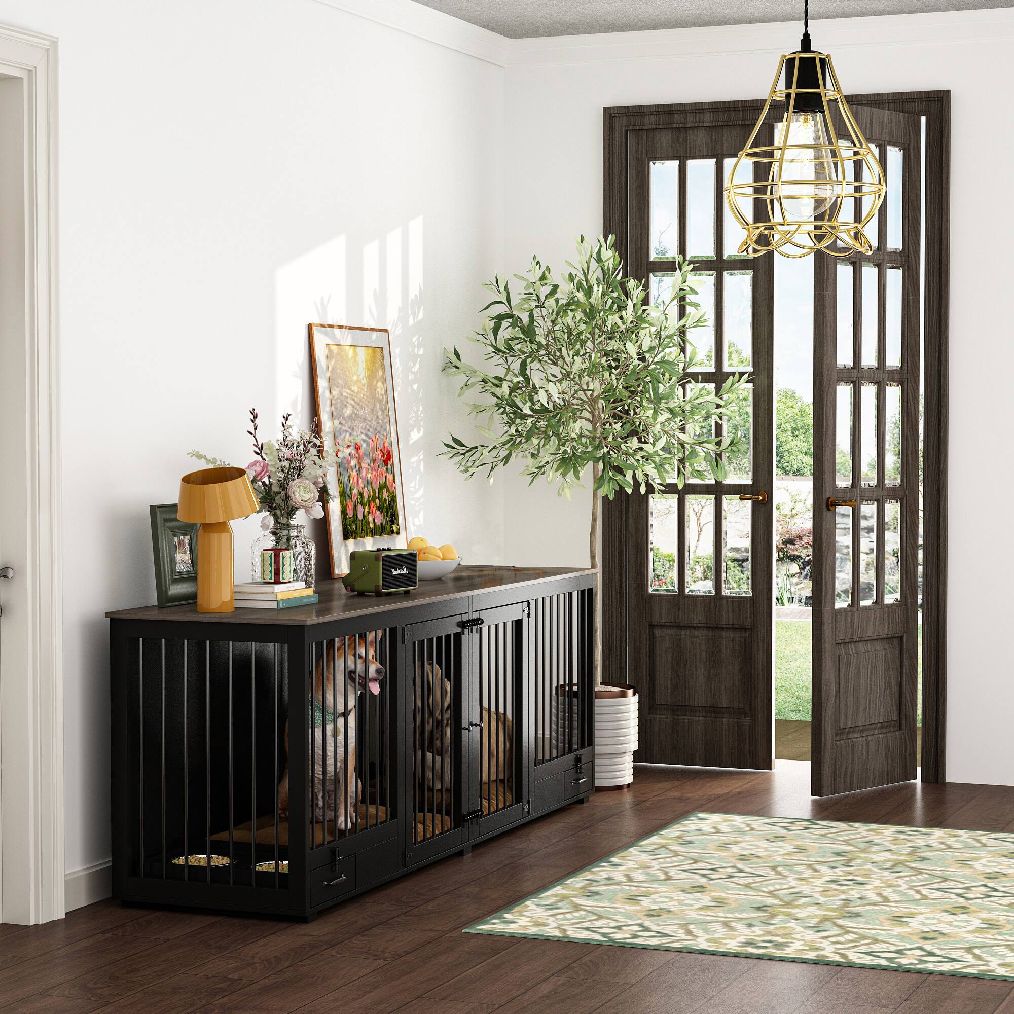 Alt View 2. FUFU&GAGA - Furniture-Style Dual-Dog Crate with Pull-Out Feeder & Storage - Convertible Kennel for Medium/Large Breeds.