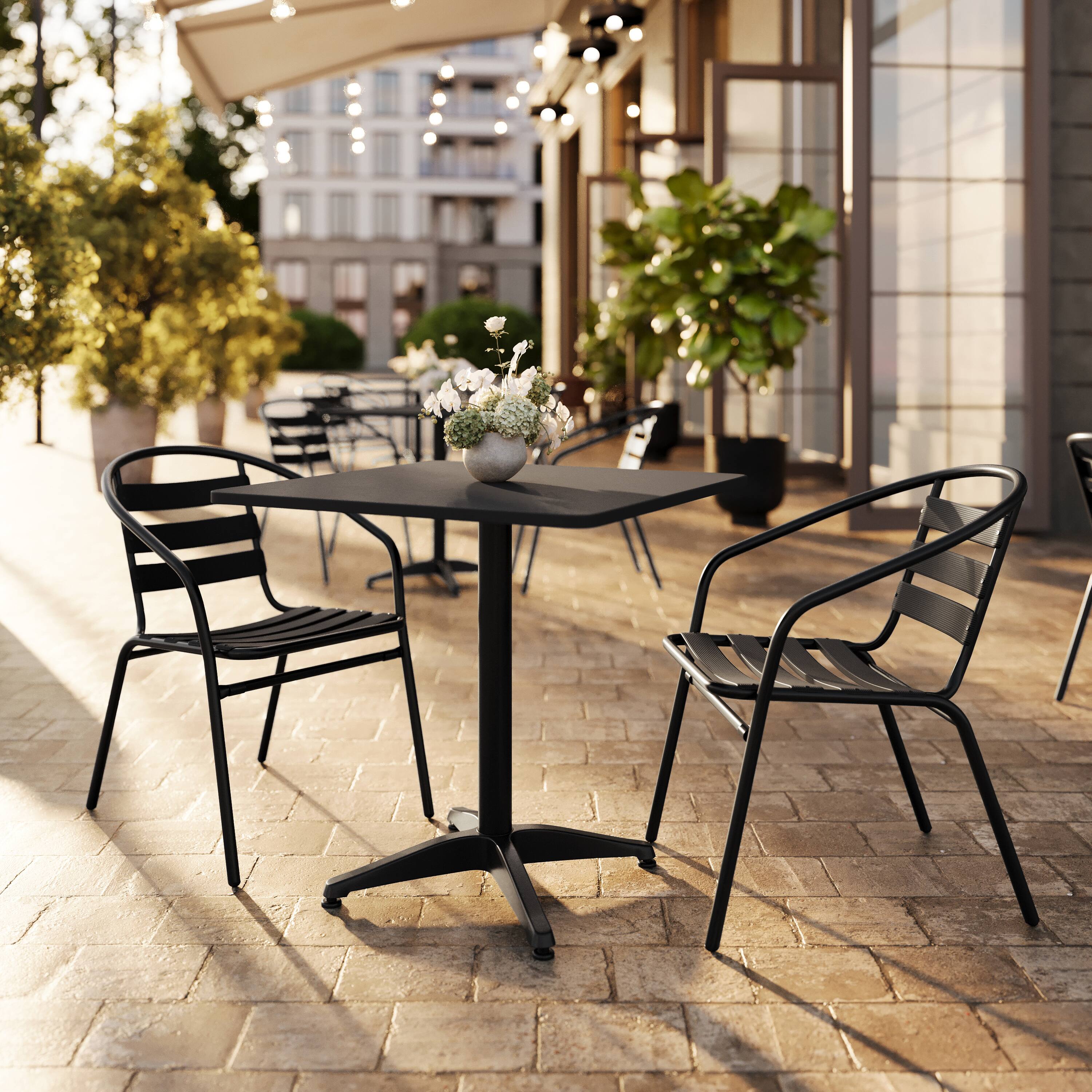 Alt View 1. Flash Furniture - Lila 27.5'' Black Square Aluminum Indoor-Outdoor Table Set with 2 Black Slat Back Chairs - Black.