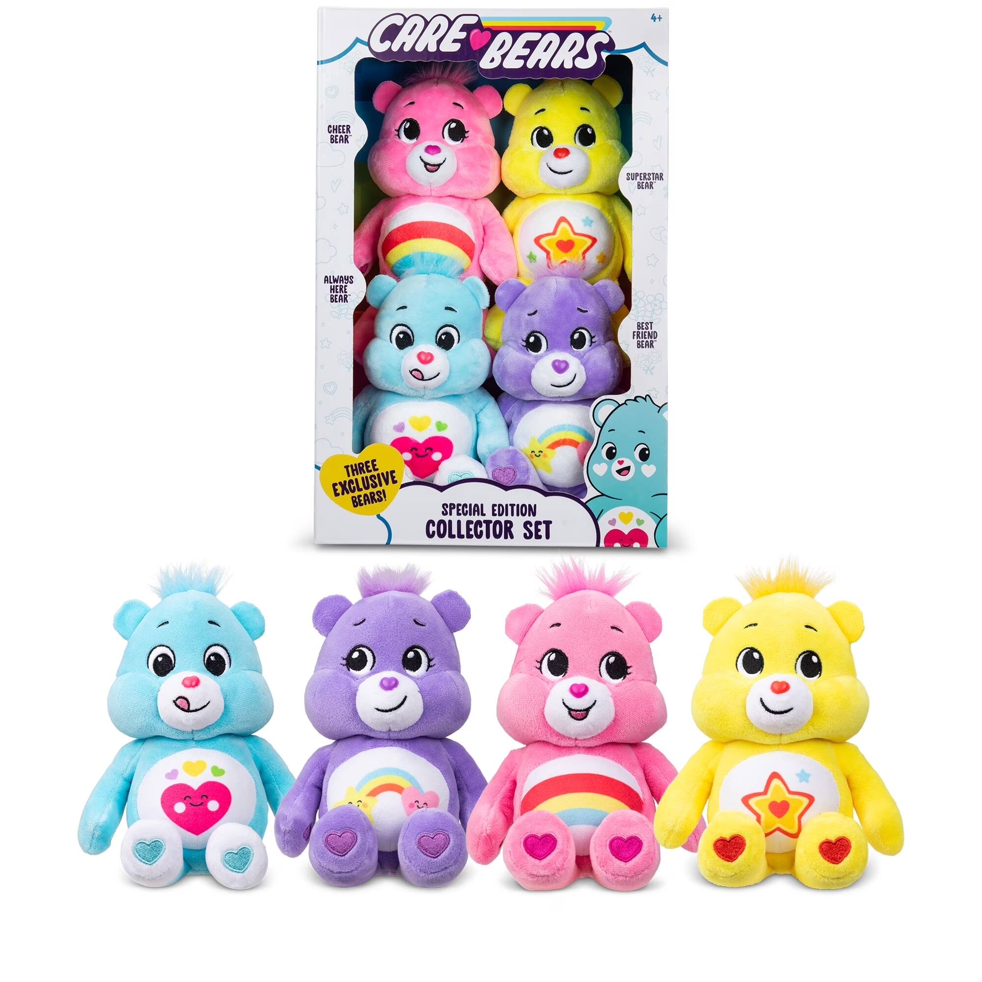 4+ CARE BEARS CHEER BEAR, ALWAYS BEAR, SUPERSTAR BEAR, FRIEND BEAR! THREE EXCLUSIVE BEARS! SPECIAL EDITION COLLECTOR SET