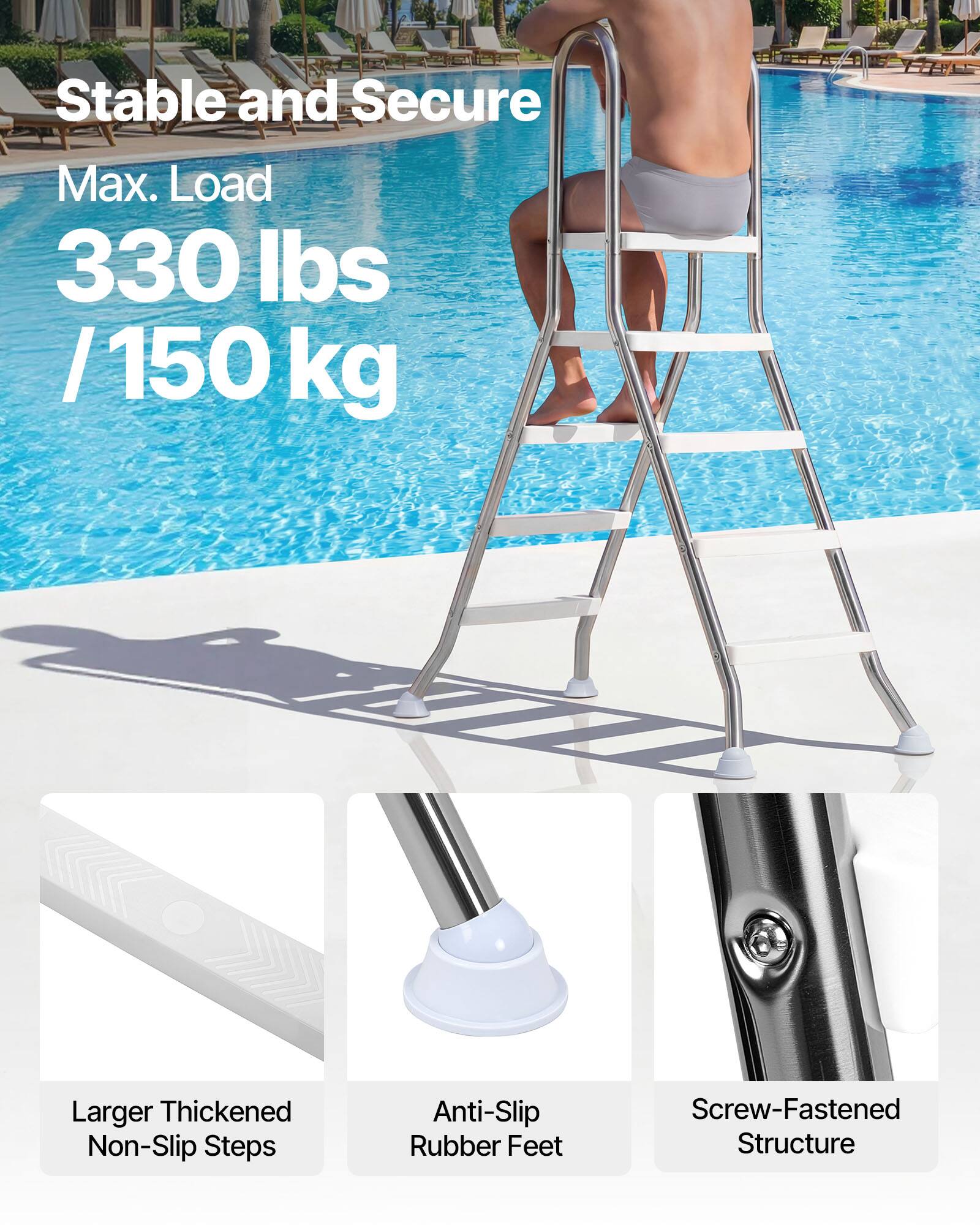 Stable and Secure  
Max. Load 330 lbs / 150 kg  
Larger Thickened Non-Slip Steps  
Anti-Slip Rubber Feet  
Screw-Fastened Structure