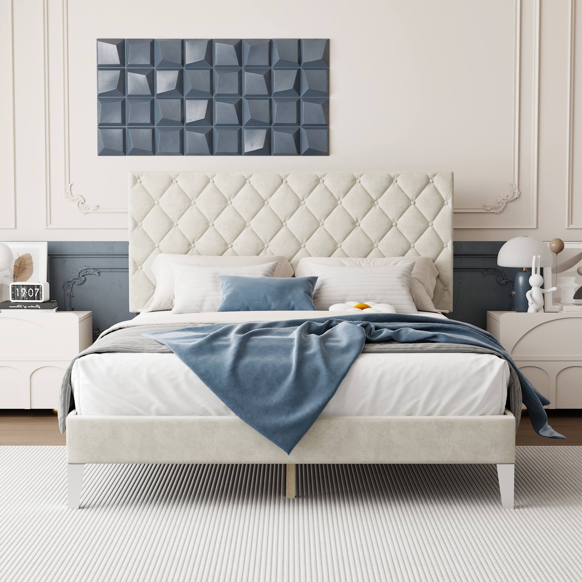 Alt View 7. Famapy - Famapy Upholstered Bed Frame - Tufted Headboard, Sturdy Slats, Modern Design - White.
