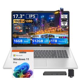 HP - Upgraded - 17.3" Diagonal FHD Laptop,Ryzen 5 7430U,16GB RAM,512GB SSD+1TB Dock Set,Numeric keypad,HD Camera,Win 11 Pro - Silver