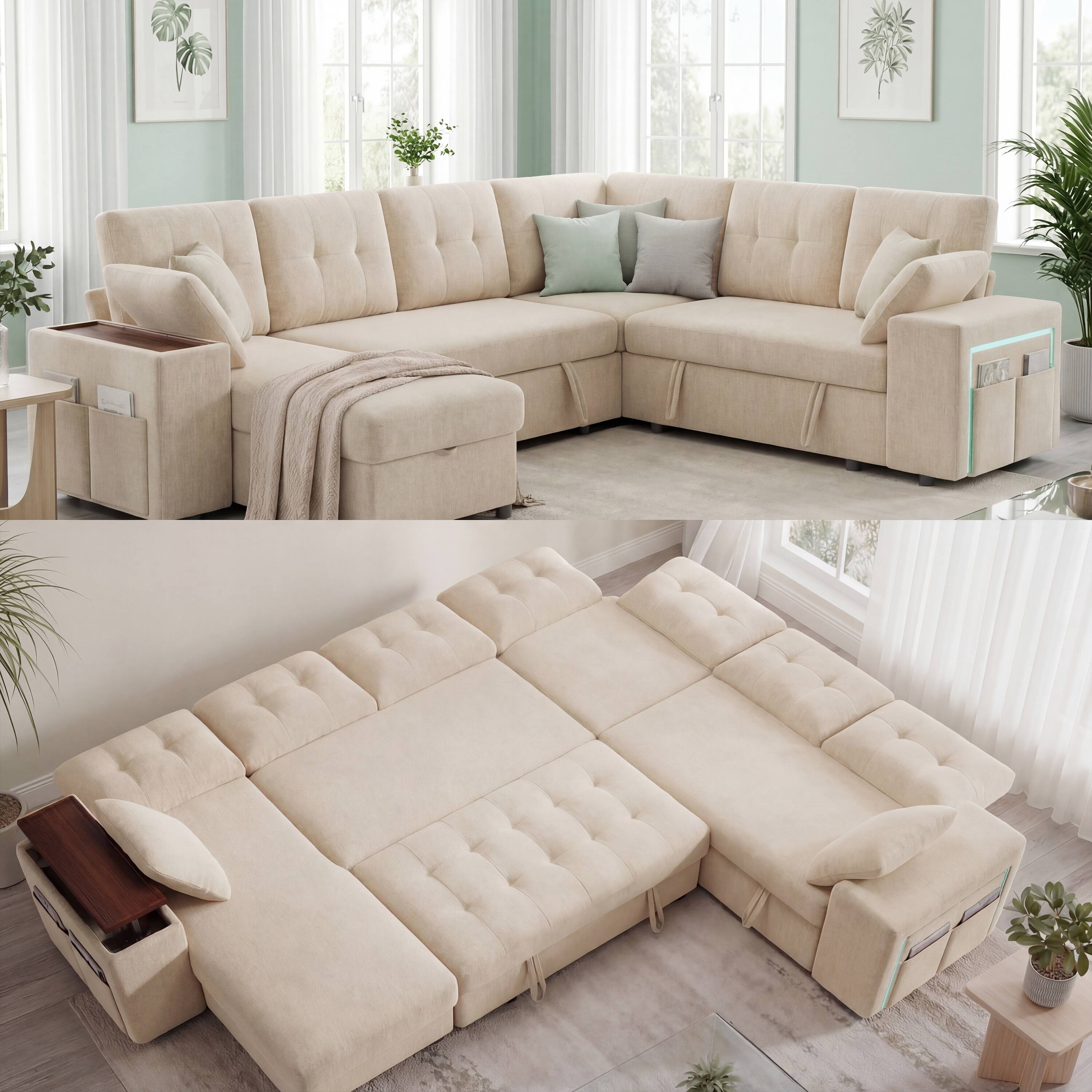 Left. Dyonery - 7-Seat Modular Sectional Sleeper Sofa with Pull-Out Bed, Reclining Backrest, USB Ports, Table, LED Lights,Beige - Beige.