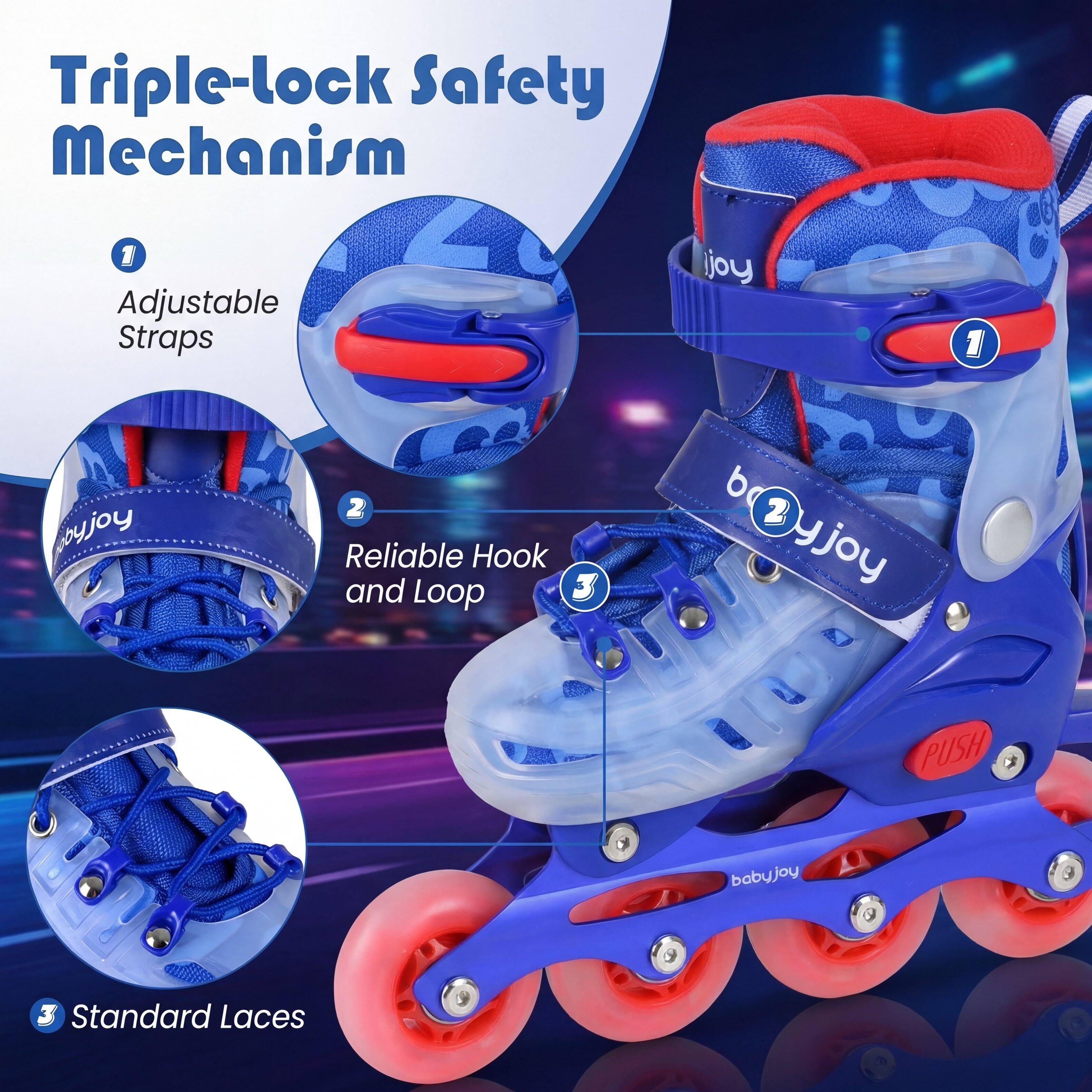 Triple-lock Safety Mechanism

1. Adjustable Straps
2. Reliable Hook and Loop
3. Standard Laces