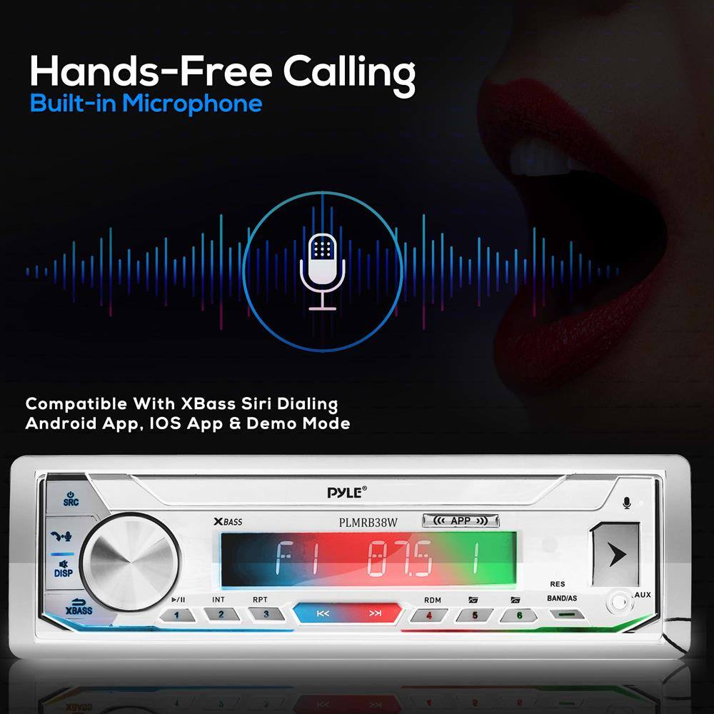 Hands-Free Calling  
Built-in Microphone  

Compatible With XBass Siri Dialing Android App, iOS App & Demo Mode  

PYLE XBASS PLMRB38W  

SRC  
DISP  
XBASS  
INT  
RPT  
RDM  
1  
2  
3  
4  
5  
6  
RES  
BAND/AS  
AUX  
SEVEX  
4  
2  
e