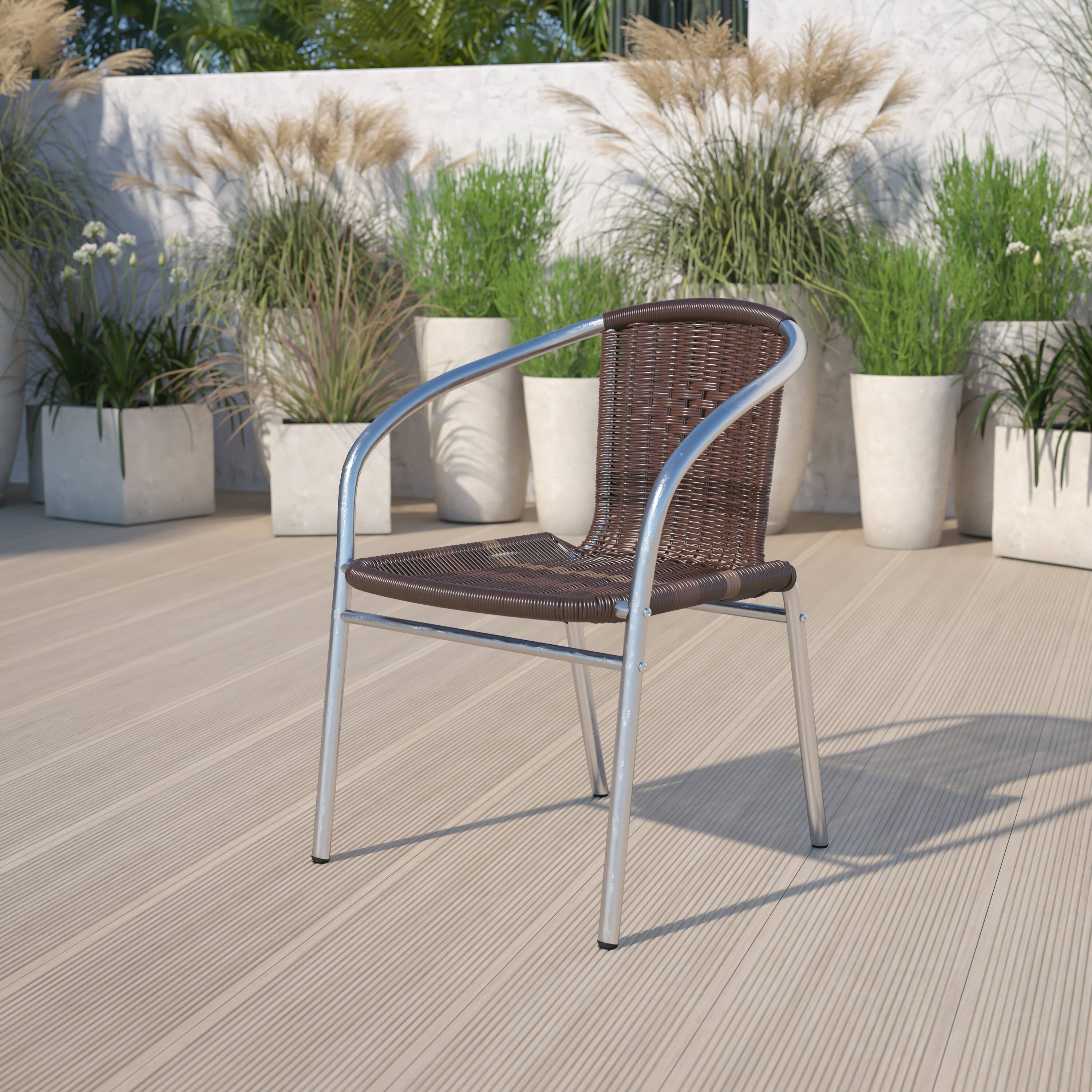 Alt View 2. Emma + Oliver - 4 Pack Aluminum and Rattan Commercial Indoor-Outdoor Restaurant Stack Chair - Aluminum and Dark Brown.
