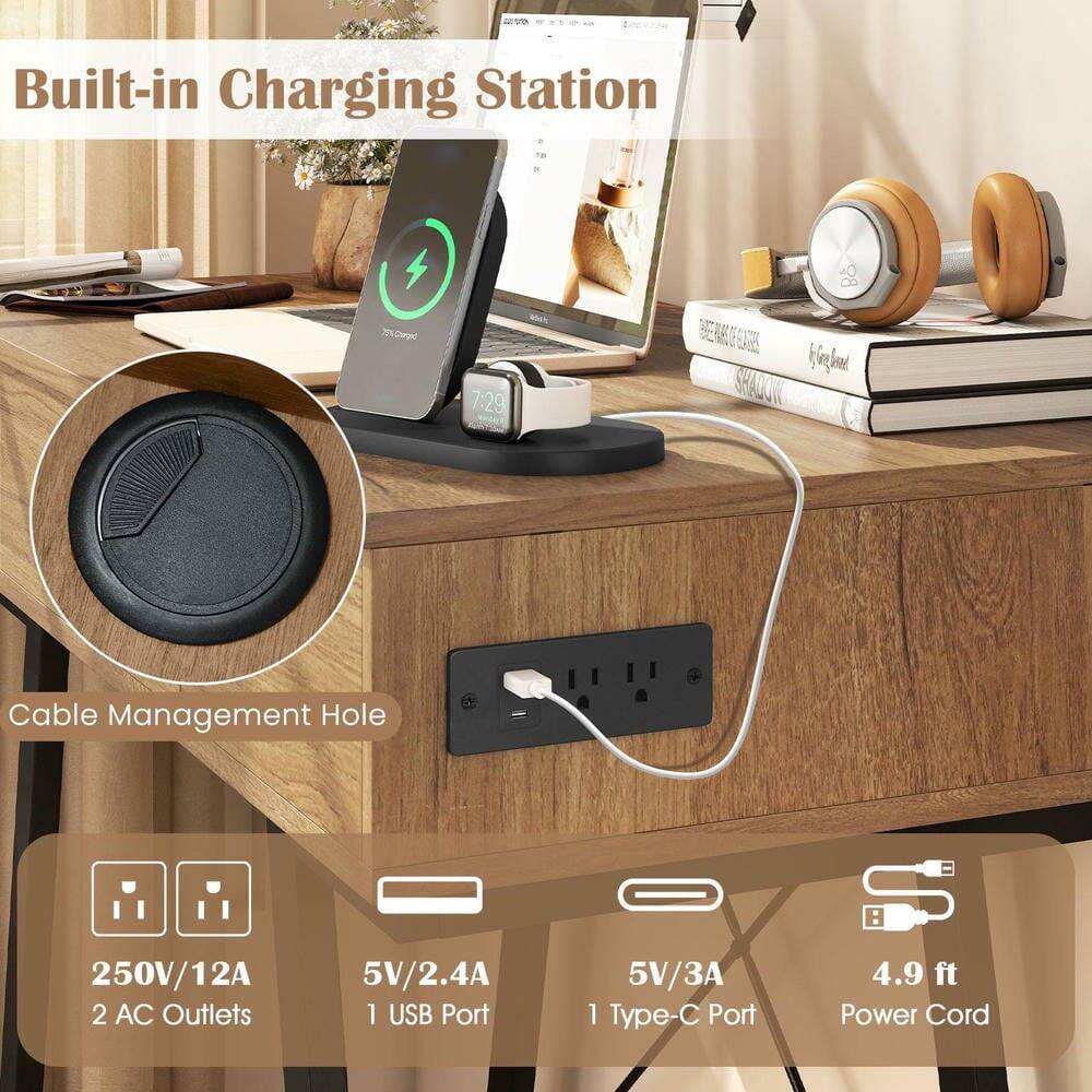 Built-in Charging Station

- Cable Management Hole
- 250V/12A 2 AC Outlets
- 5V/2.4A 1 USB Port
- 5V/3A 1 Type-C Port
- 4.9 ft Power Cord