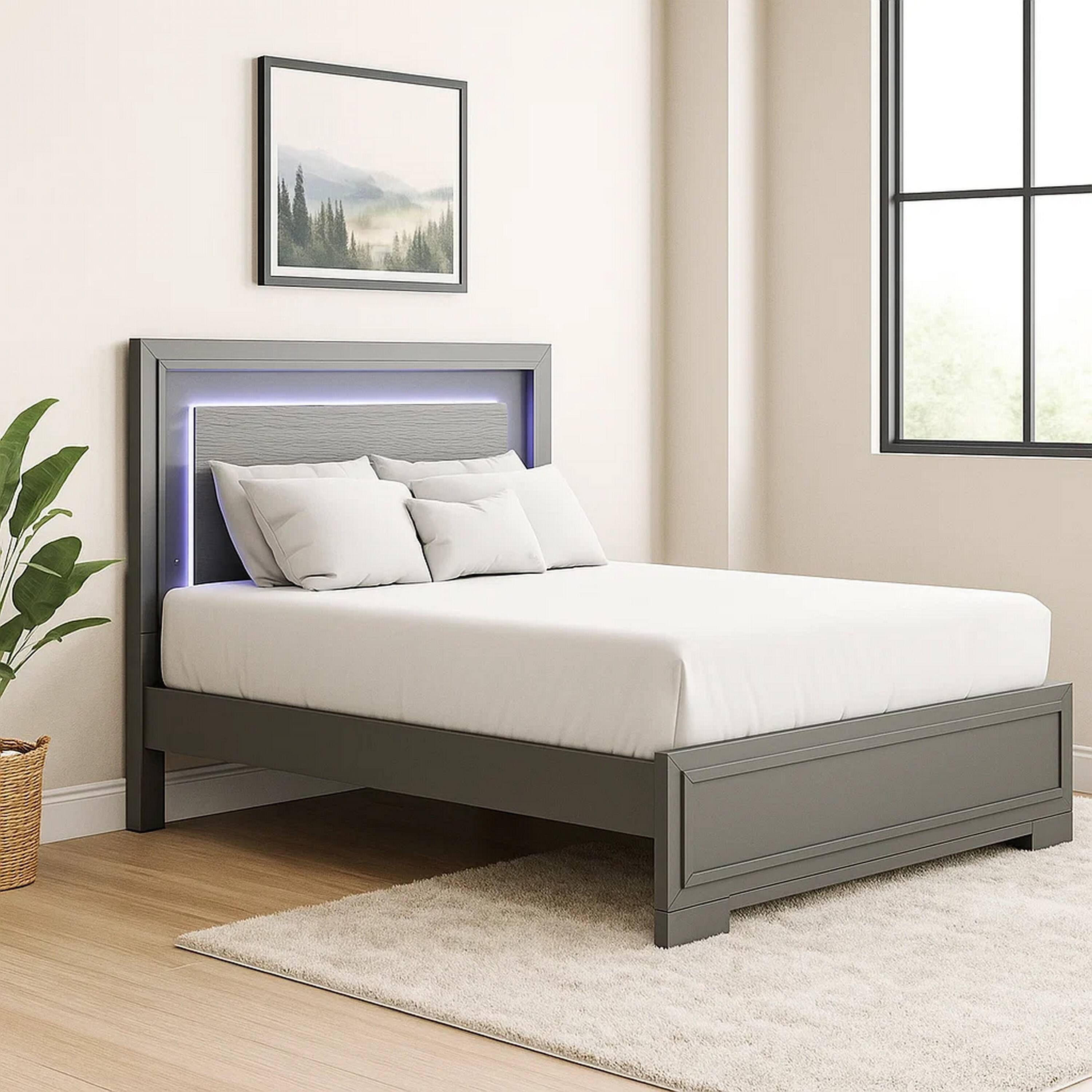 Alt View 6. Manhattan Lane - Aliso Queen Size Bed, LED Panel Headboard, Modern Metallic Gray - Metallic Gray.