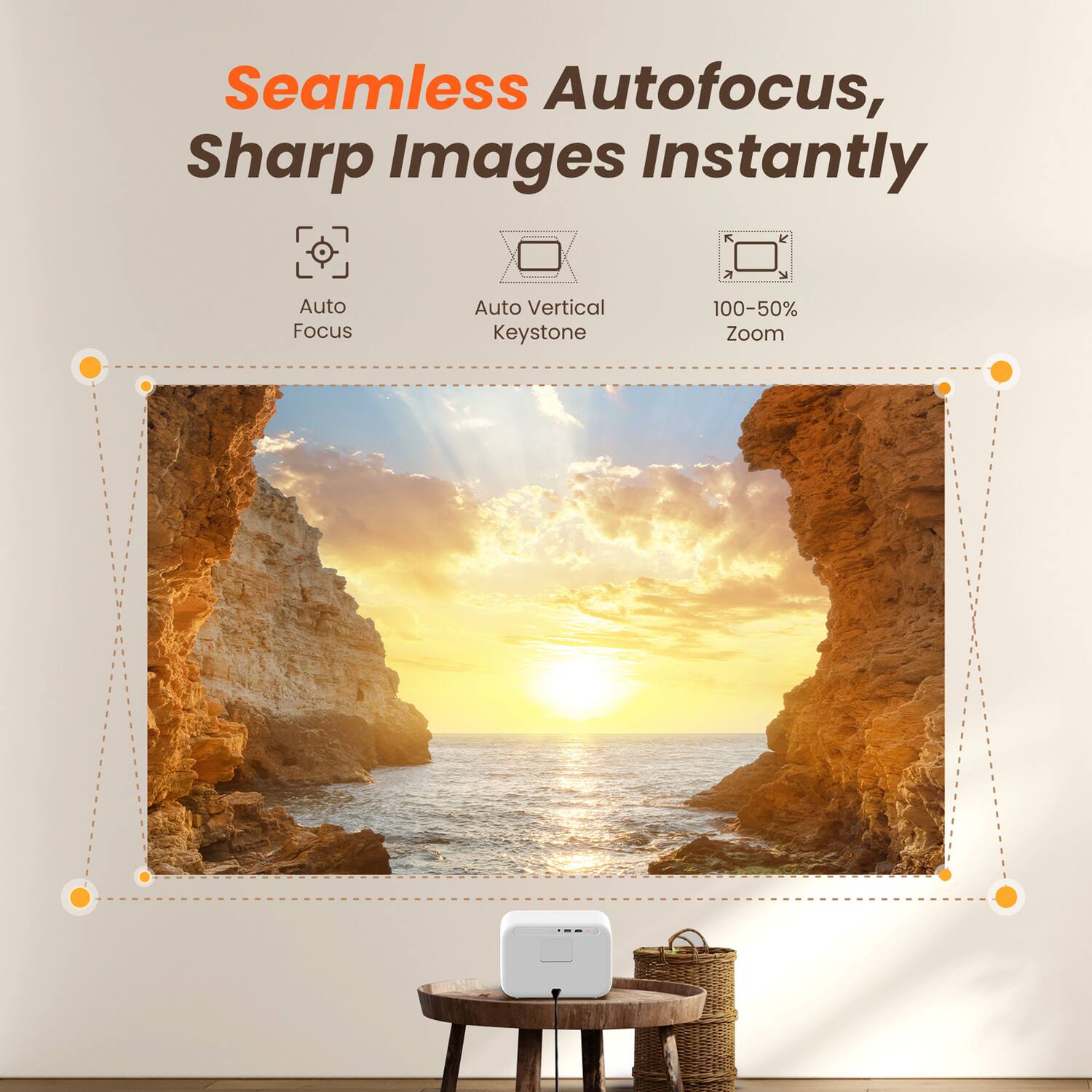 Seamless Autofocus, Sharp Images Instantly

- Auto Focus
- Auto Vertical Keystone
- 100-50% Zoom
