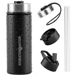 Zulay Kitchen - 3 Lid 18oz Vacuum Insulated Water Bottles with Straw by Hydration Nation - Black
