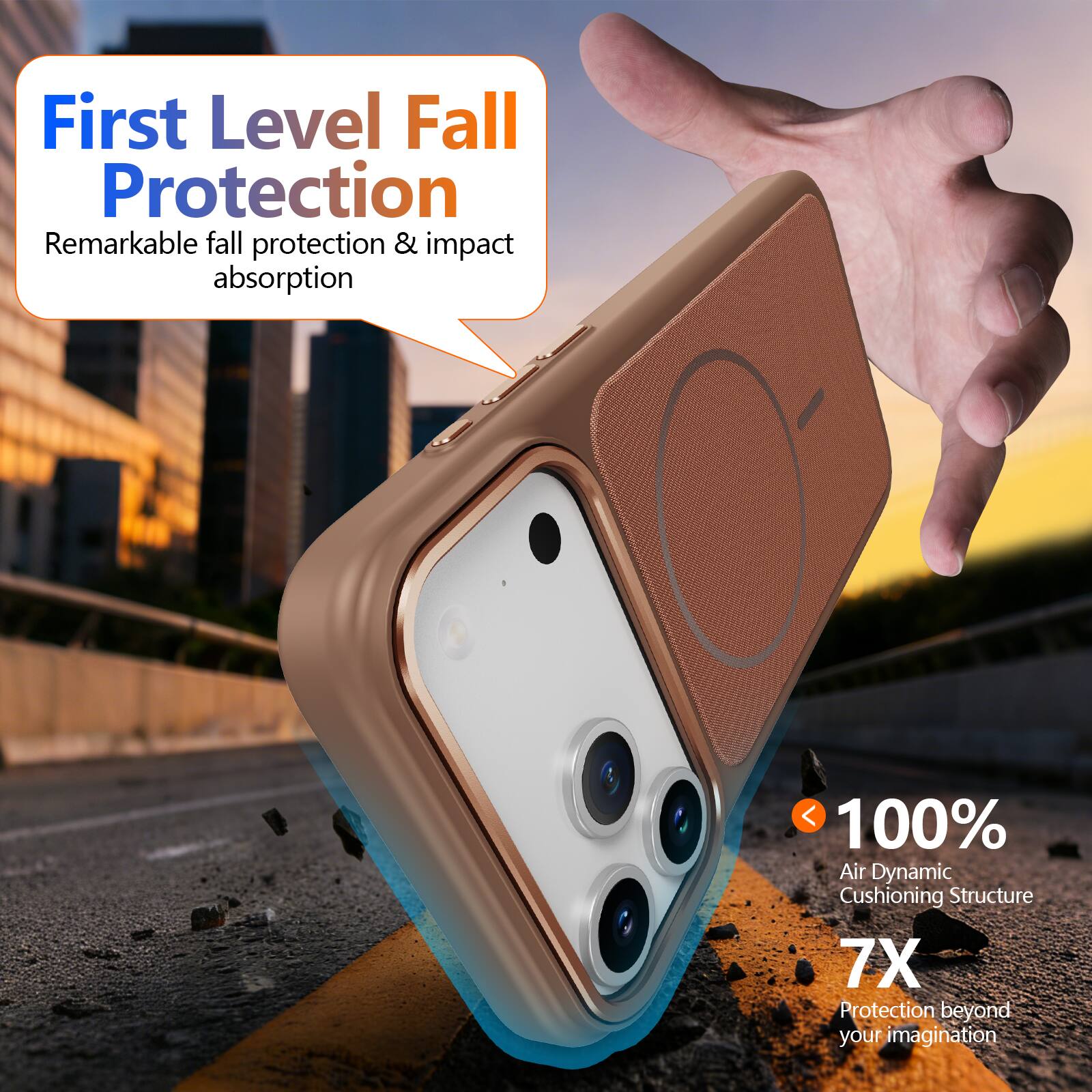 First Level Fall Protection  
Remarkable fall protection & impact absorption  

100% Air Dynamic Cushioning Structure  
7X Protection beyond your imagination
