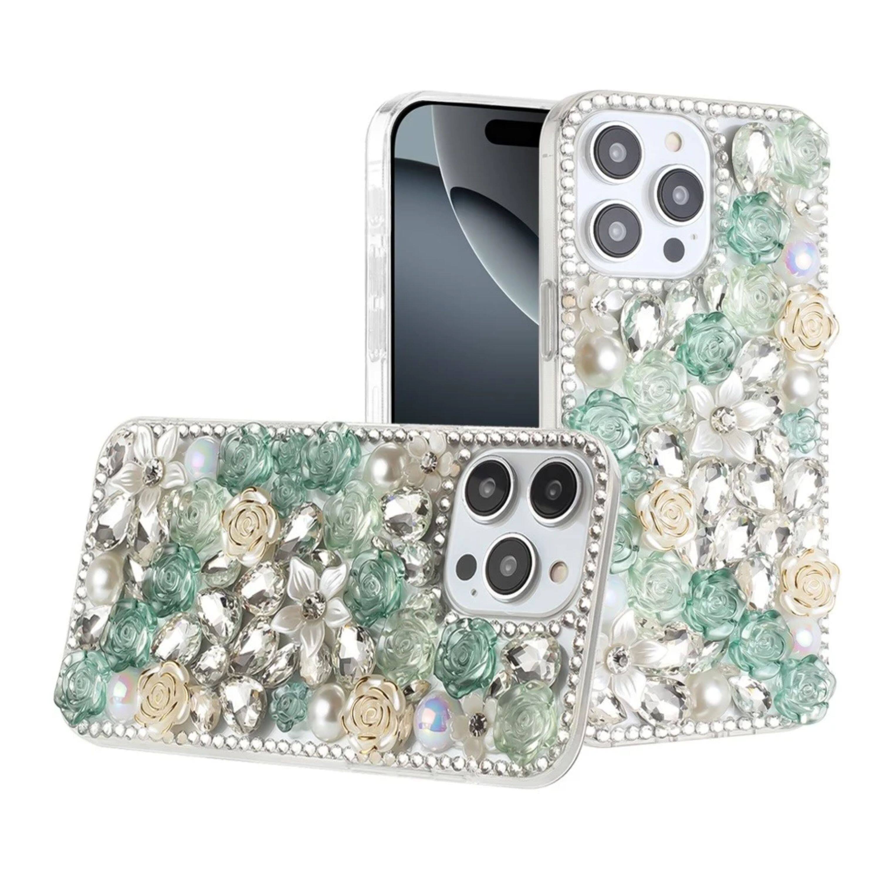 Left. Kitcheniva - Full 3D Rhinestone Rose Phone Case With Tempered Glass For iPhone 16 Pro Max Green - Green.