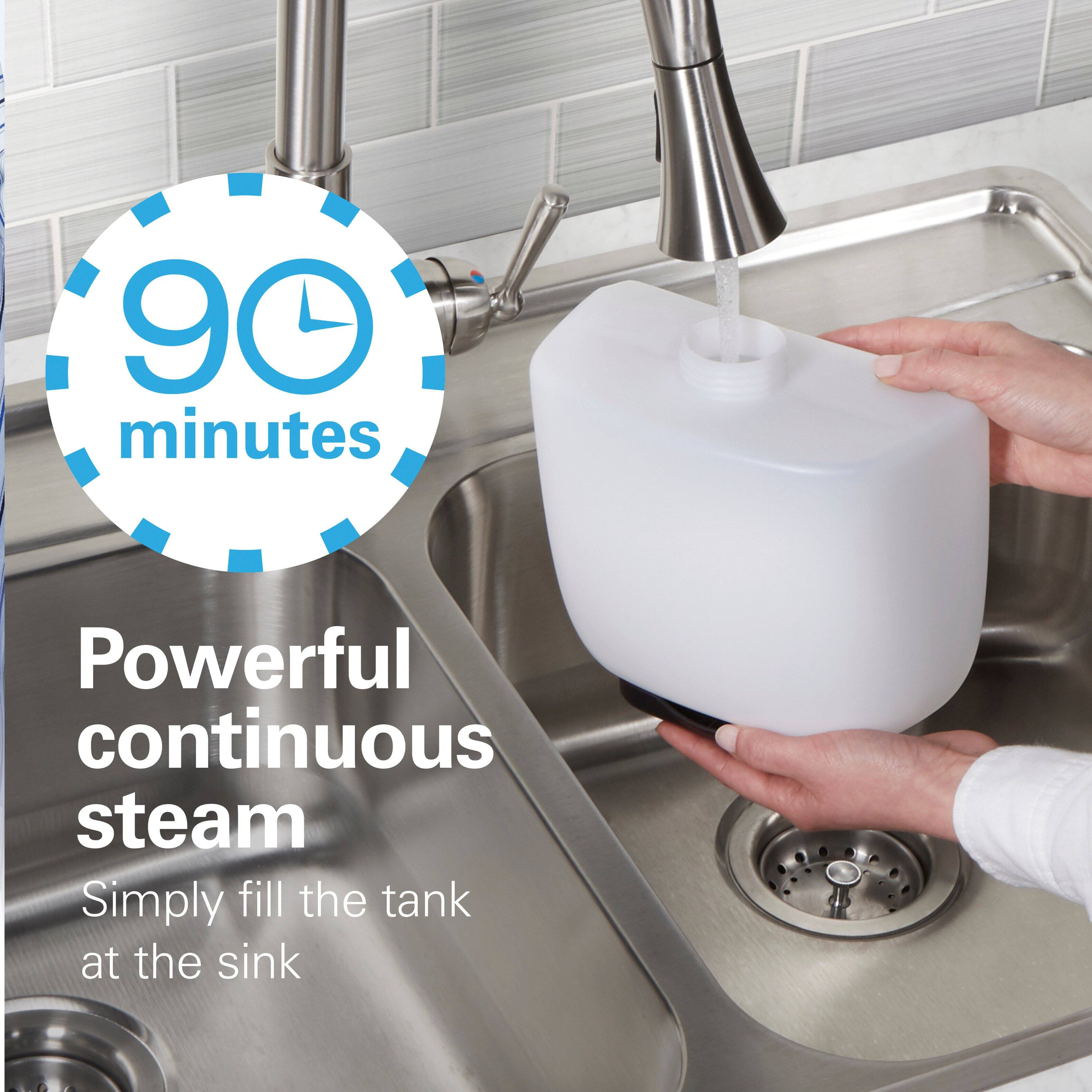 90 minutes  
Powerful continuous steam  
Simply fill the tank at the sink