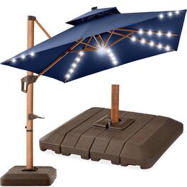 Best Choice Products - 10ft Square Woodgrain Pattern 2-Tier Outdoor Solar LED Cantilever Umbrella w/ Base - Navy Blue