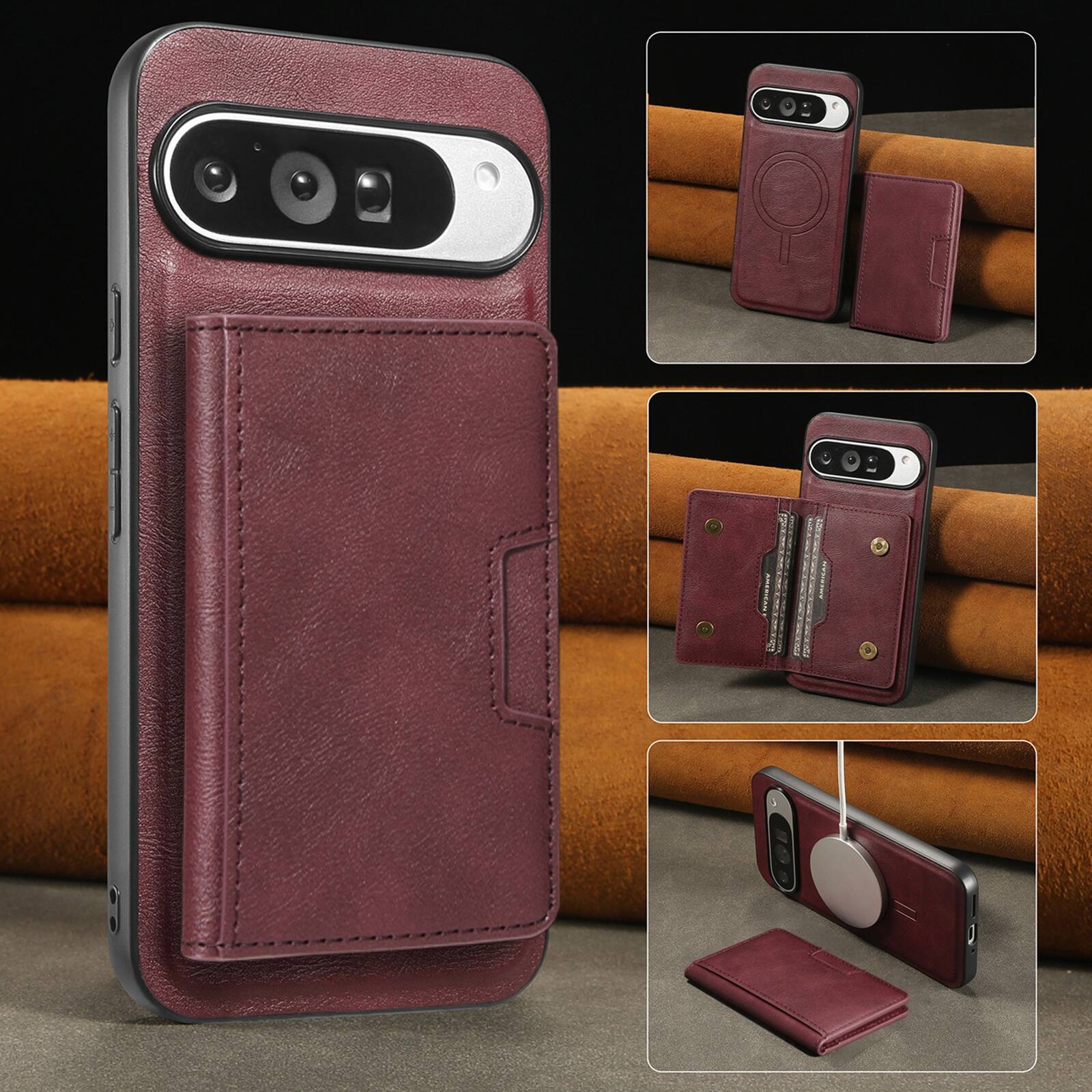 Alt View 2. Dteck - 2 in 1 Detachable Magnetic Case For Google Pixel 10 Pro/10, Shockproof 5 Card Slots Kickstand PU Leather Flip Cover - Winered.