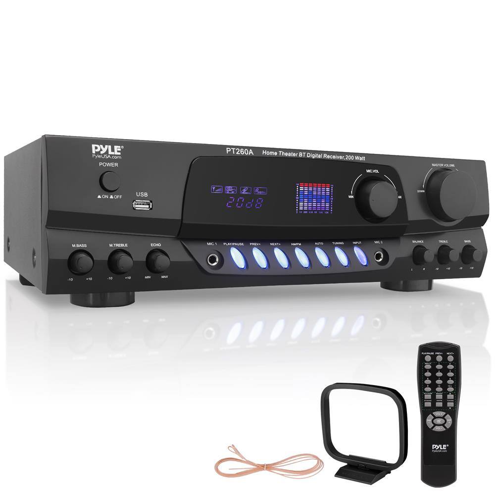 PYLE
PyleUSA.com
POWER
PT260A
Home Theater BT Digital Receiver, 200 Watt
ON/OFF
USB
M.BASS
M.TREBLE
ECHO
MIC
PLAY/PAUSE
PREV
NEXT
RND
AUTO
TUNING
INPUT
MIC 1
BALANCE
TREBLE
BASS
MASTER VOLUME
MIC VOLUME
20:08
REMOTE CONTROL