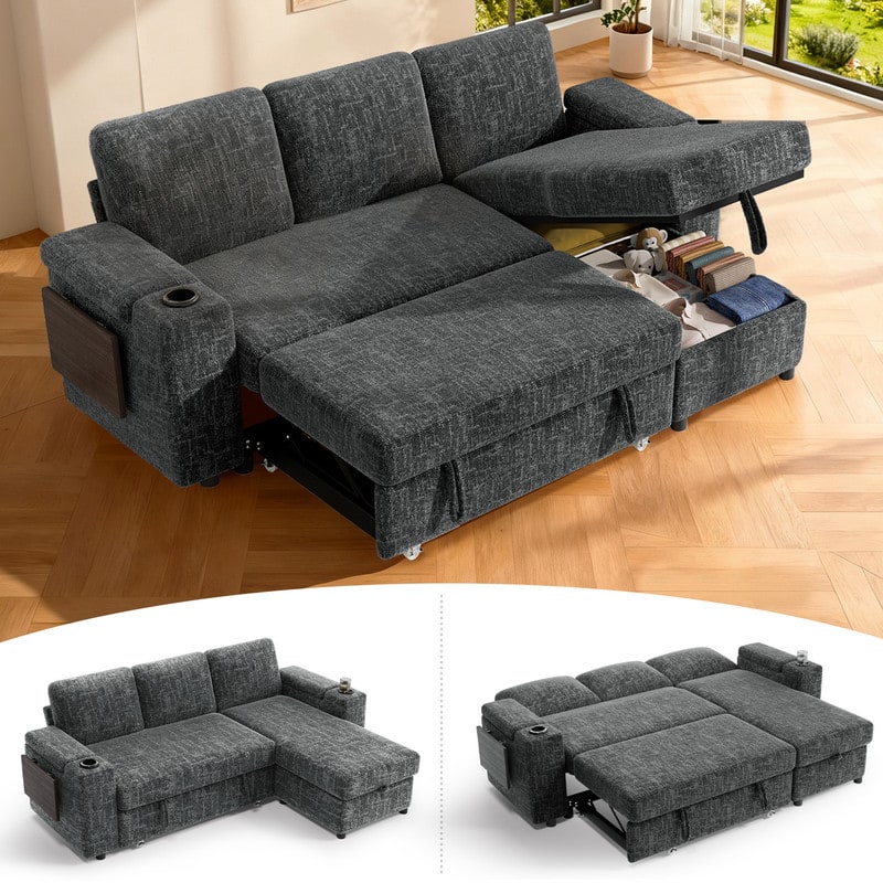 Front. Dyonery - 85" Modular 3 Seat L Shaped Couch with Reclining Backrest|USB Ports|Cup Holders|Side Table|Storage Chaise Armrests - Grey.