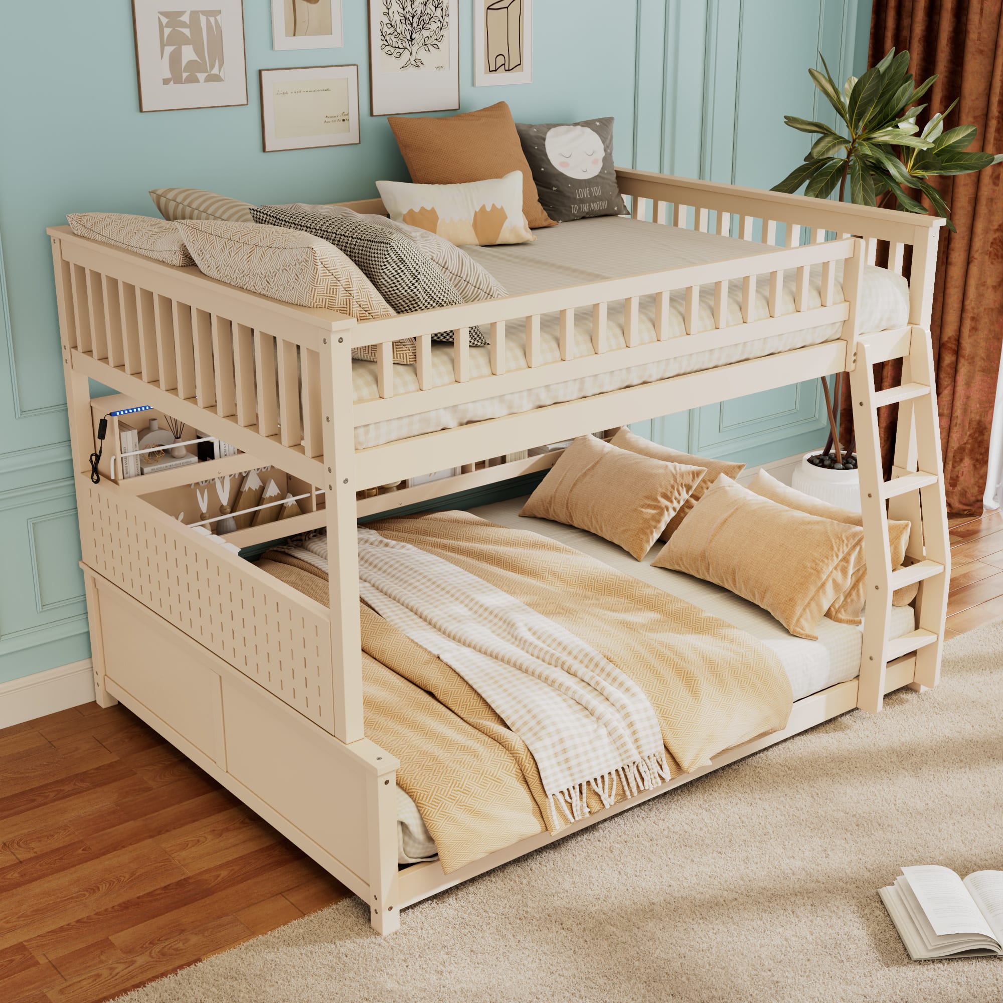 Anysun - Full XL over Queen Bunk Bed with Integrated Shelving, Color-Changing Lights and Pegboard - Beige