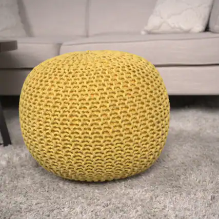 Front. GOODSILO - Stylish Knitted Cotton Round Pouf for Versatile Seating and Decor - Yellow.
