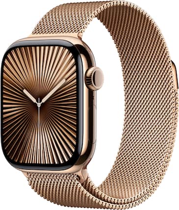 Angle. Apple - Apple Watch Series 10 (GPS+Cellular) 42mm Titanium Case with Gold Milanese Loop - Gold.