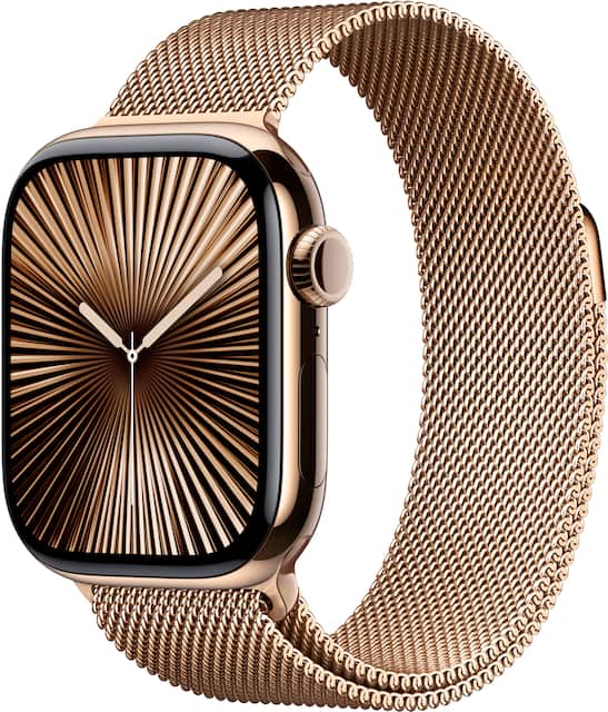 Apple Watch Series 10 GPS Cellular 42mm Titanium Case with Gold Milanese Loop Gold Verizon 2024 MX083LW A Best Buy