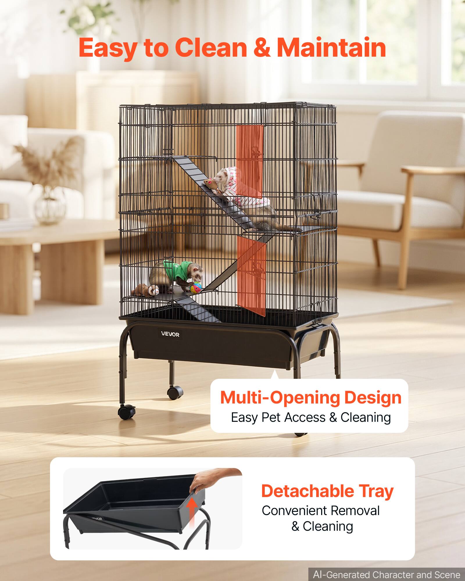 Easy to Clean & Maintain

VEVOR

Multi-Opening Design
Easy Pet Access & Cleaning

Detachable Tray
Convenient Removal & Cleaning

AI-Generated Character and Scene