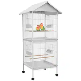 Pawhut - Wrought Metal Bird Cage Feeder with Rolling Stand Perches Food Containers Doors Wheels 67" H