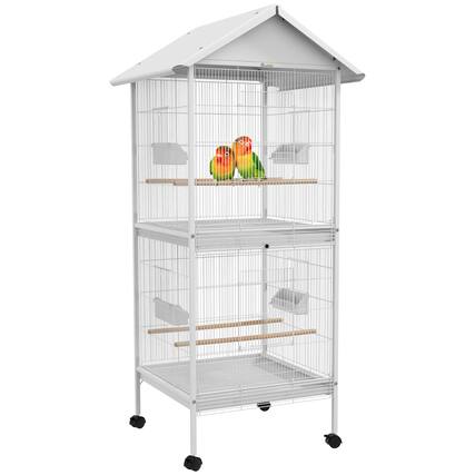 Front. Pawhut - Wrought Metal Bird Cage Feeder with Rolling Stand Perches Food Containers Doors Wheels 67" H.