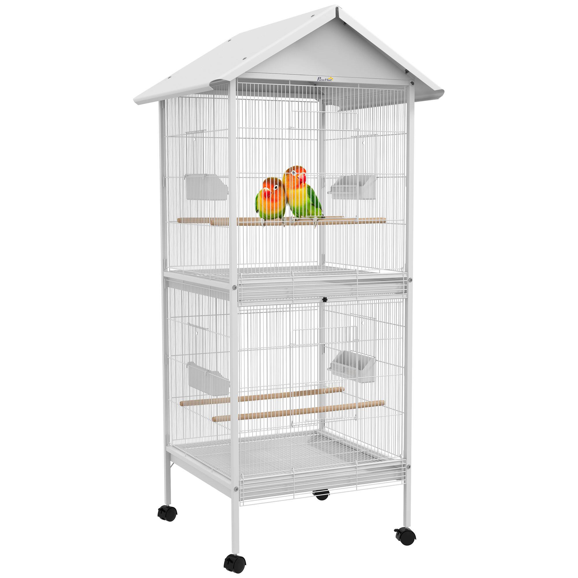 Front. Pawhut - Wrought Metal Bird Cage Feeder with Rolling Stand Perches Food Containers Doors Wheels 67" H.