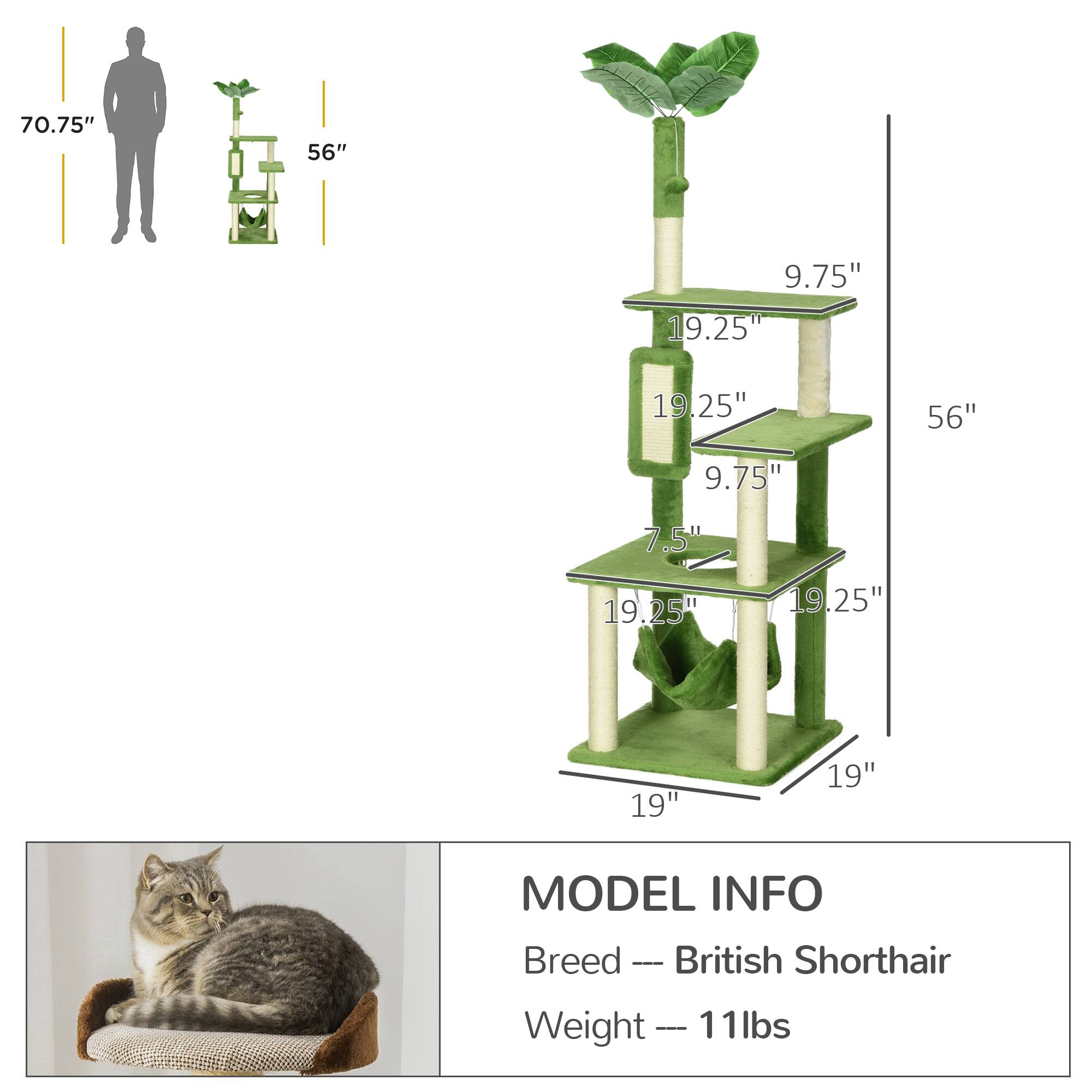 Left. Pawhut - 56" Multi-Level Cat Tree, Tower with Scratching Post, Hammock, Play Ball & Anti-Tipping Device, Activity Center - Green.