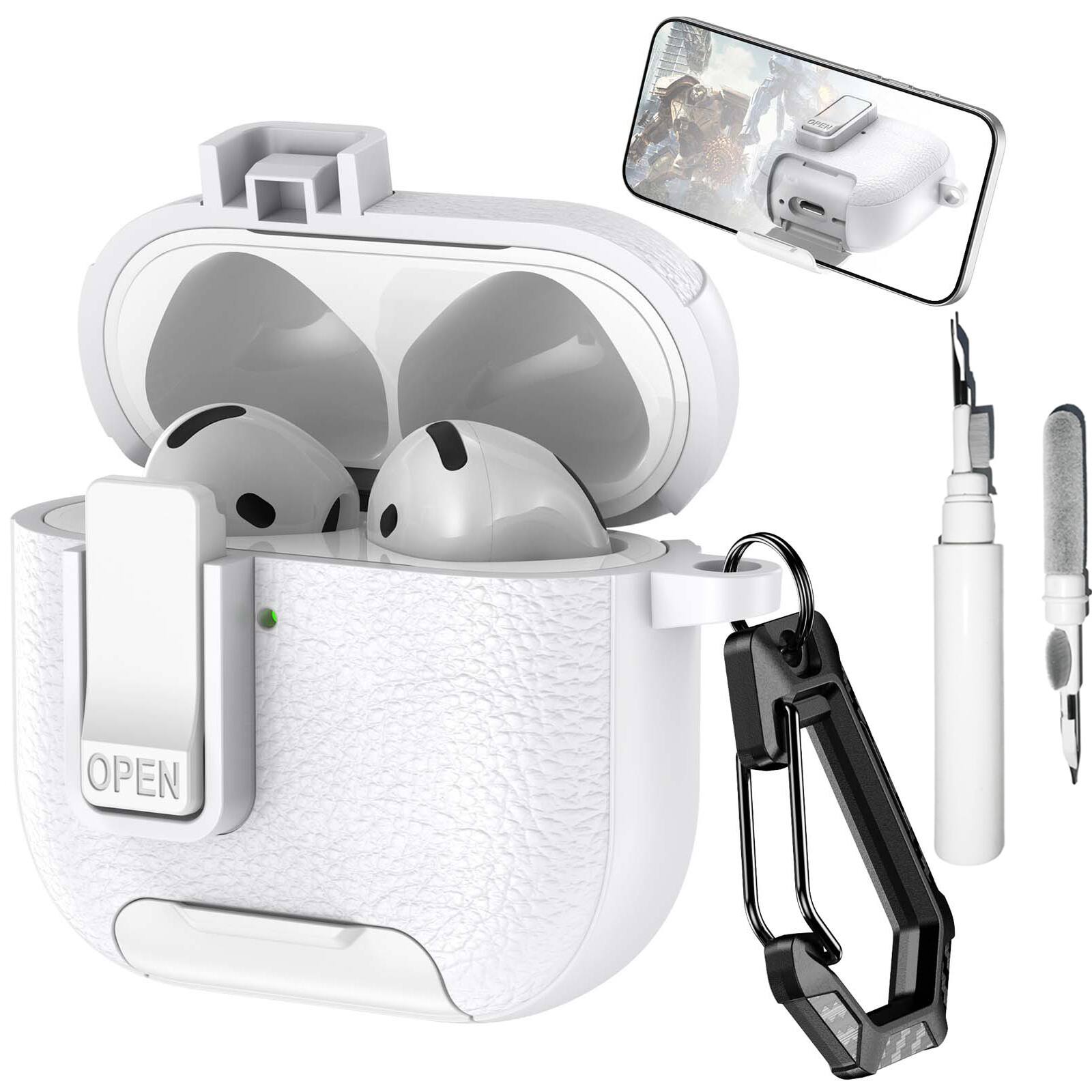Dteck - Earphone Case for Apple Airpods 4th Gen with Phone Holder & Keychain,Leather Texture Earbuds Cover for Man Women - White