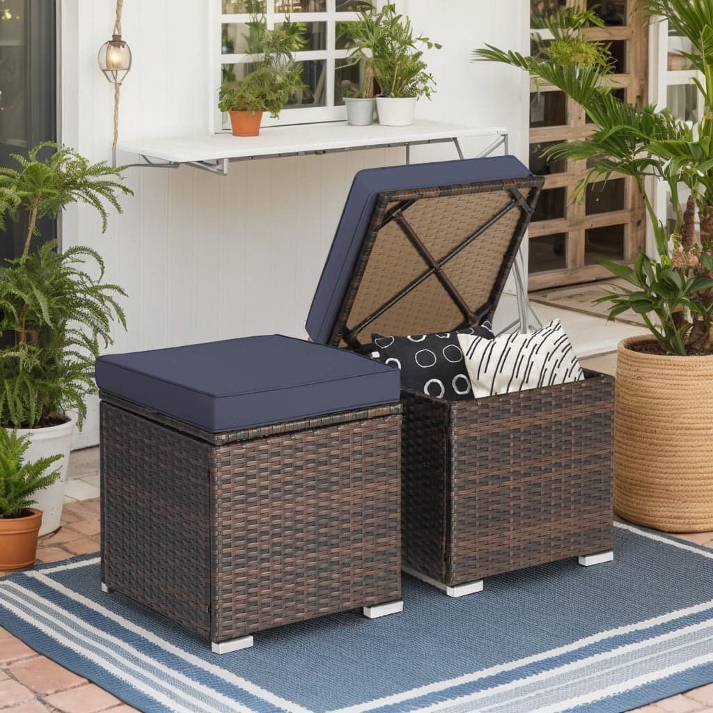 Kadyn - 2 Pieces Patio Ottoman with Removable Cushions-Navy, All Weather Wicker Ottoman, Outdoor Patio Ottomans - Blue